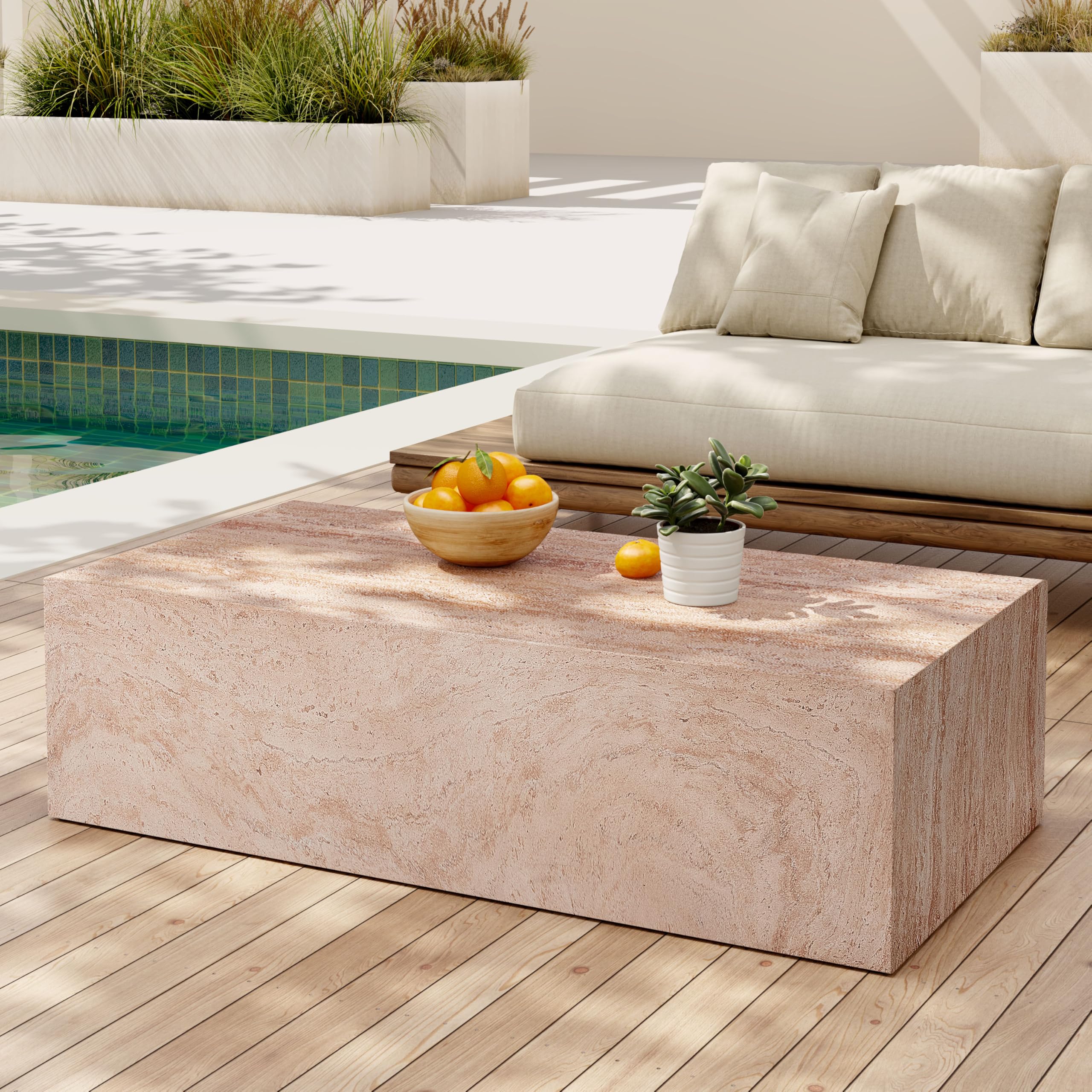 Christopher Knight Home Jorine 43.5" Outdoor Rectangular Coffee Table, Lightweight Concrete Coffee Table, Natural Texture Side Footstool, Spacious