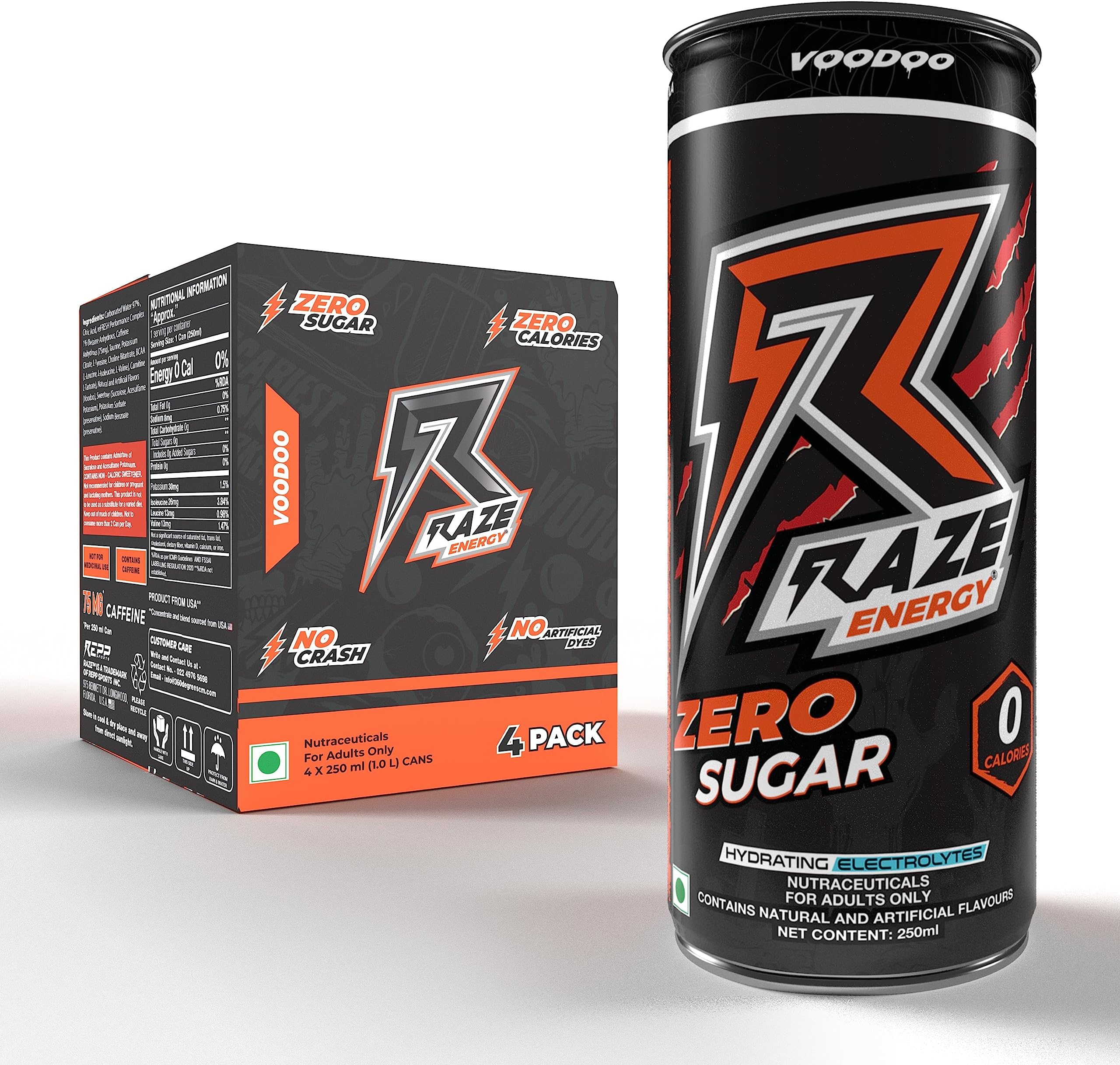 RAZE Functional Energy Drink, 75mg Caffeine, Zero Calories, Performance and Hydration (Voodoo) | Pack of 4, 250 ml each