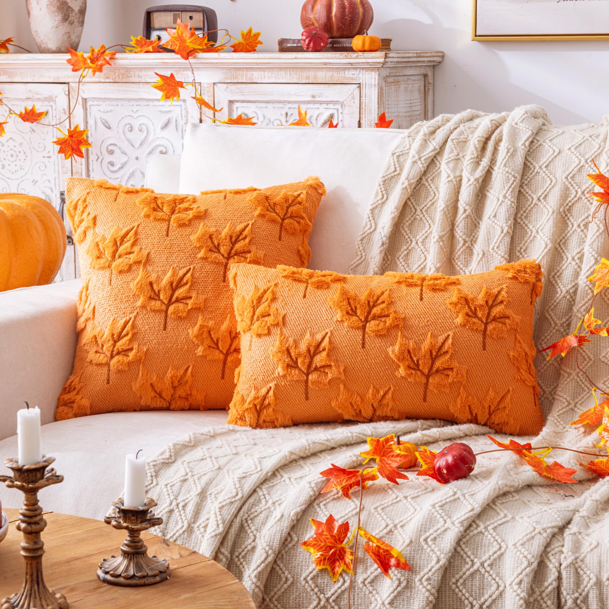 Lot De 2 Housses De Coussin 50x50 Cm Motif Feuille D'érable Orange - Lin Polyester, Fermeture Zip, Décoration Automne