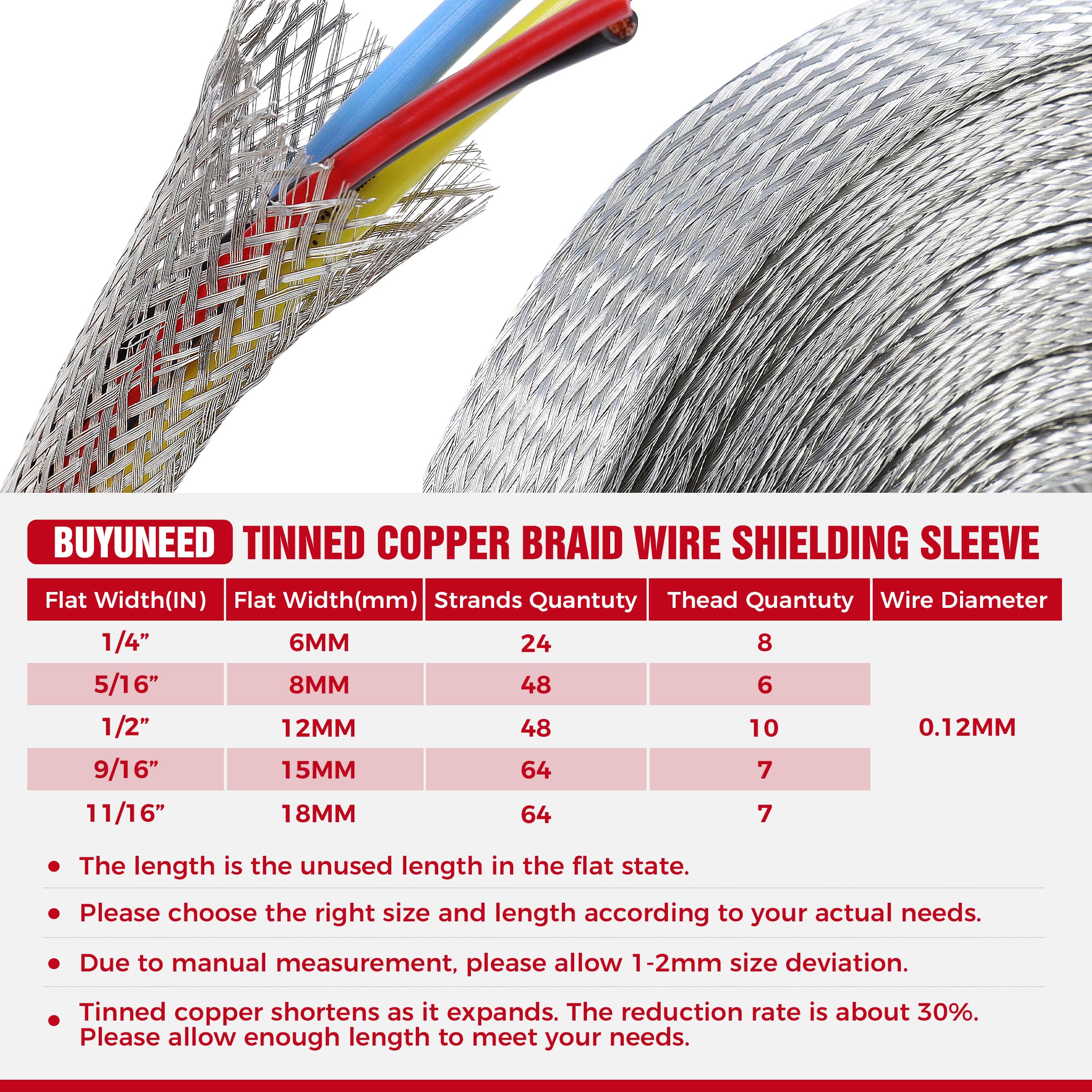 Cable trenzado de cobre estañado, protector de cable plano EMI RFI ESD, correas de tierra, malla flexible (11/16 pulgadas de ancho (0.4 pulgadas de diámetro) - 15 pies