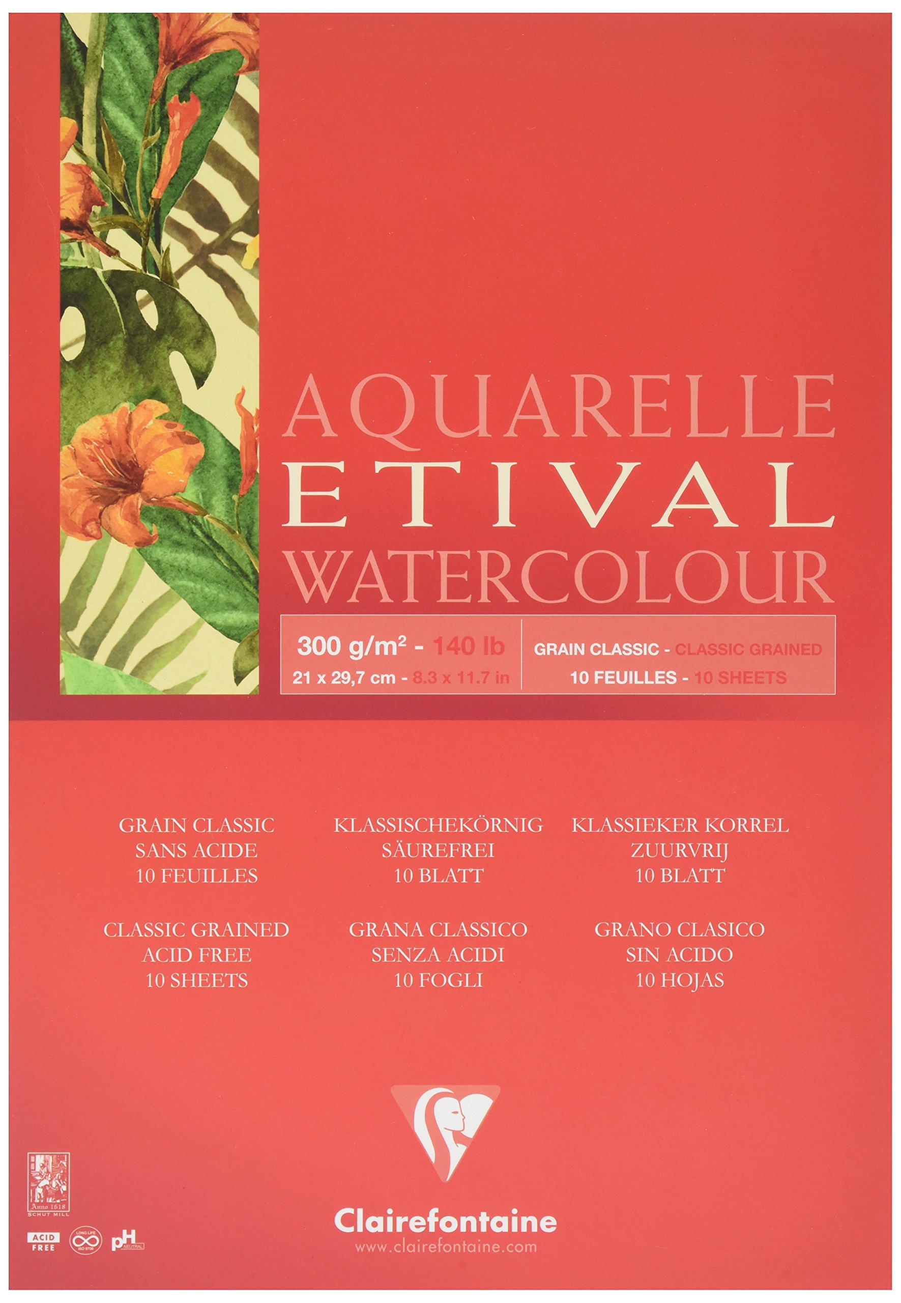 Clairefontaine - Ref 96391C - Etival Classic Grained Glued Watercolour Painting & Drawing Pad (10 Sheets of Paper) - A4 (29.7 x 21cm) - 300gsm Cellulose Art Paper