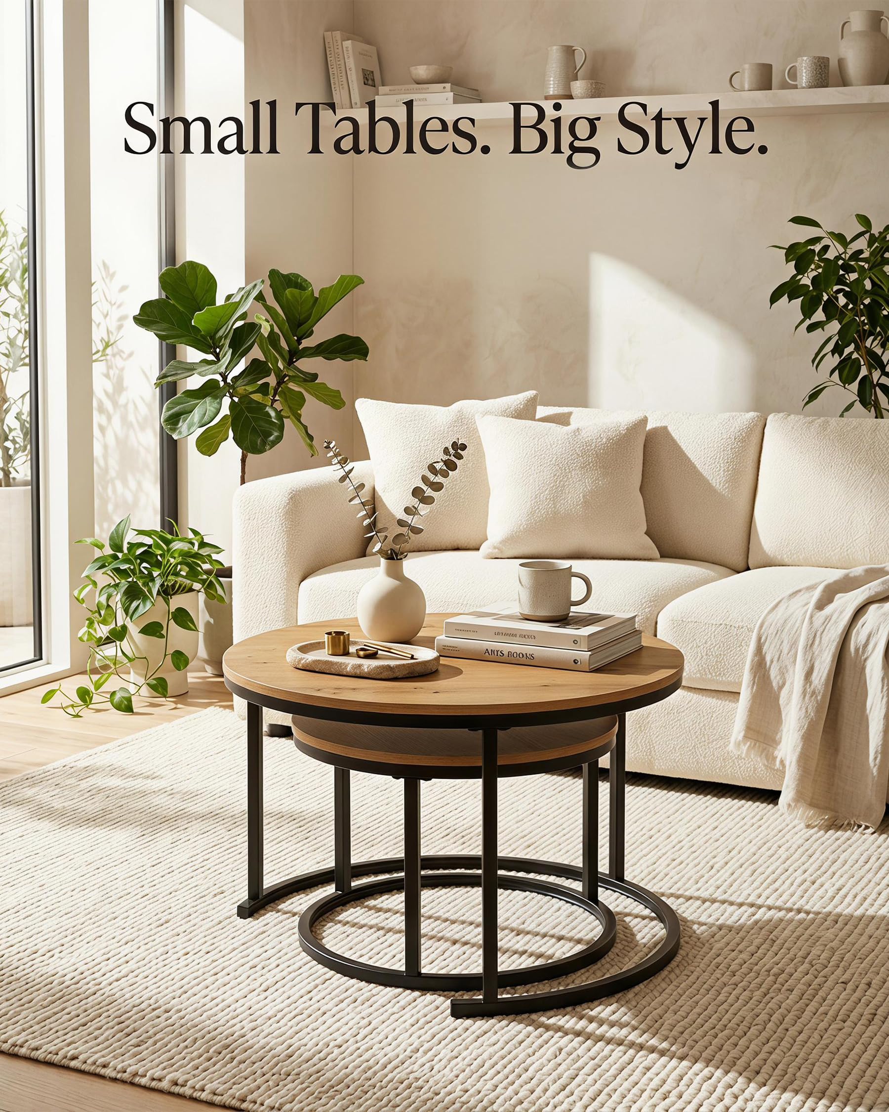 Couchtisch Rund Holz Beistelltisch Couch 2er Set 70cm Coffee Table | Wohnzimmertisch Rund Holz mit schwarzem Metallrahmen Couchtisch 70 x 70 mit natürlichen Holztrukturen
