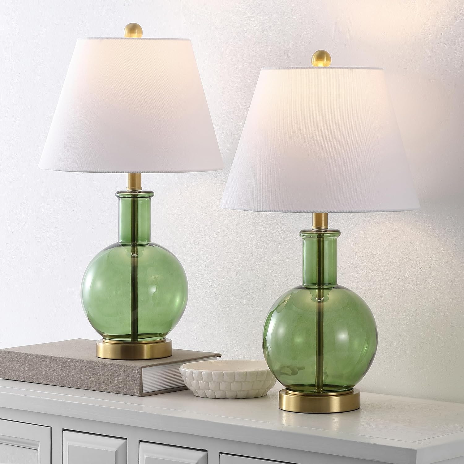 SAFAVIEH Lighting Collection - Camelie Green Glass Table Lamp Set of 2, 22" Decorative Accent Lights with Fabric Shades, E26 Bulb Compatible (TBL4622A-SET2)