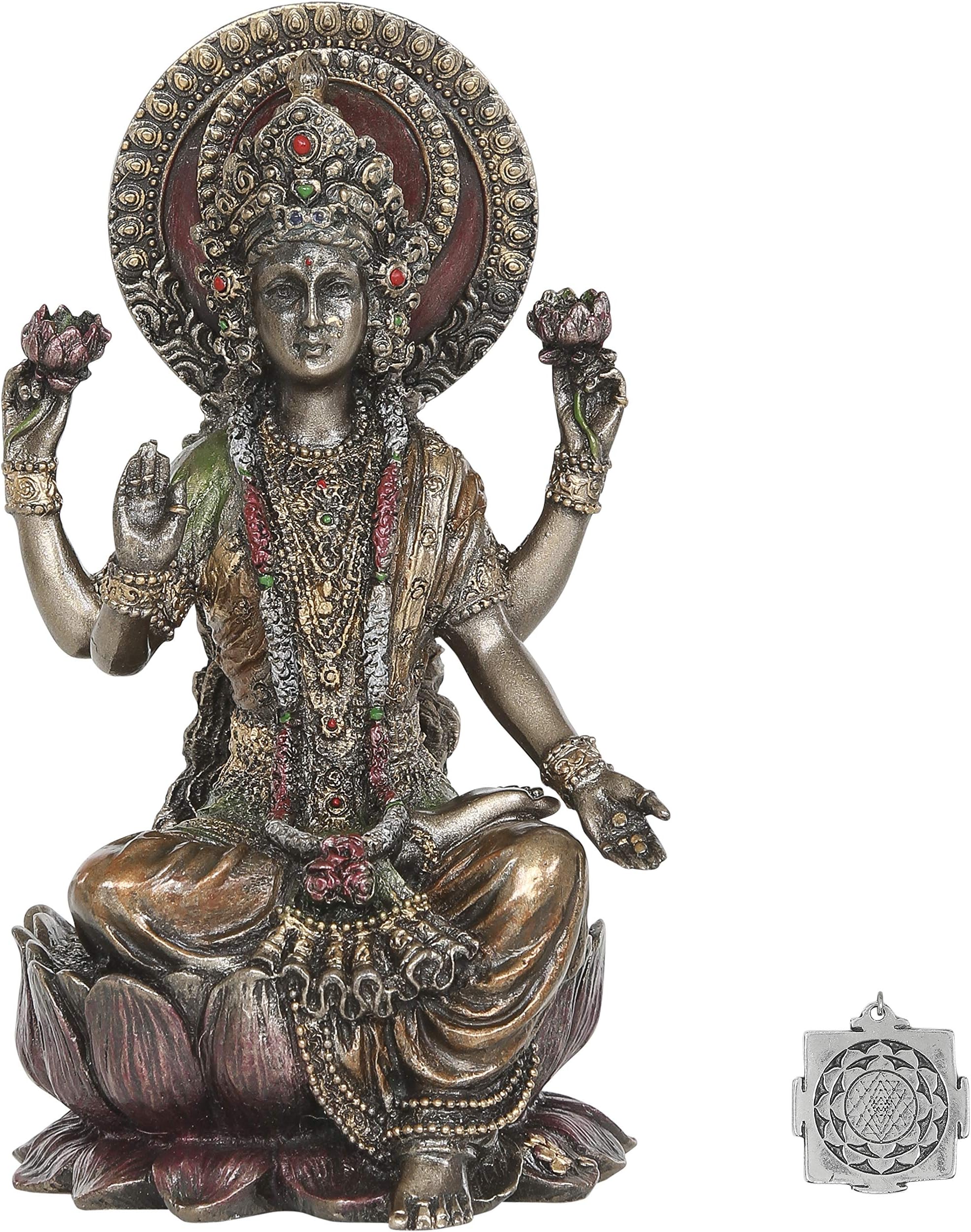 SARIMOIRE Lakshmi - Altar Supply Kit - 4 inch (H) Cold Cast Bronze Lakshmi Statue Hindu Goddess Of Wealth Fortune And Prosperity ~ Lotus Sri Yantra Ornament