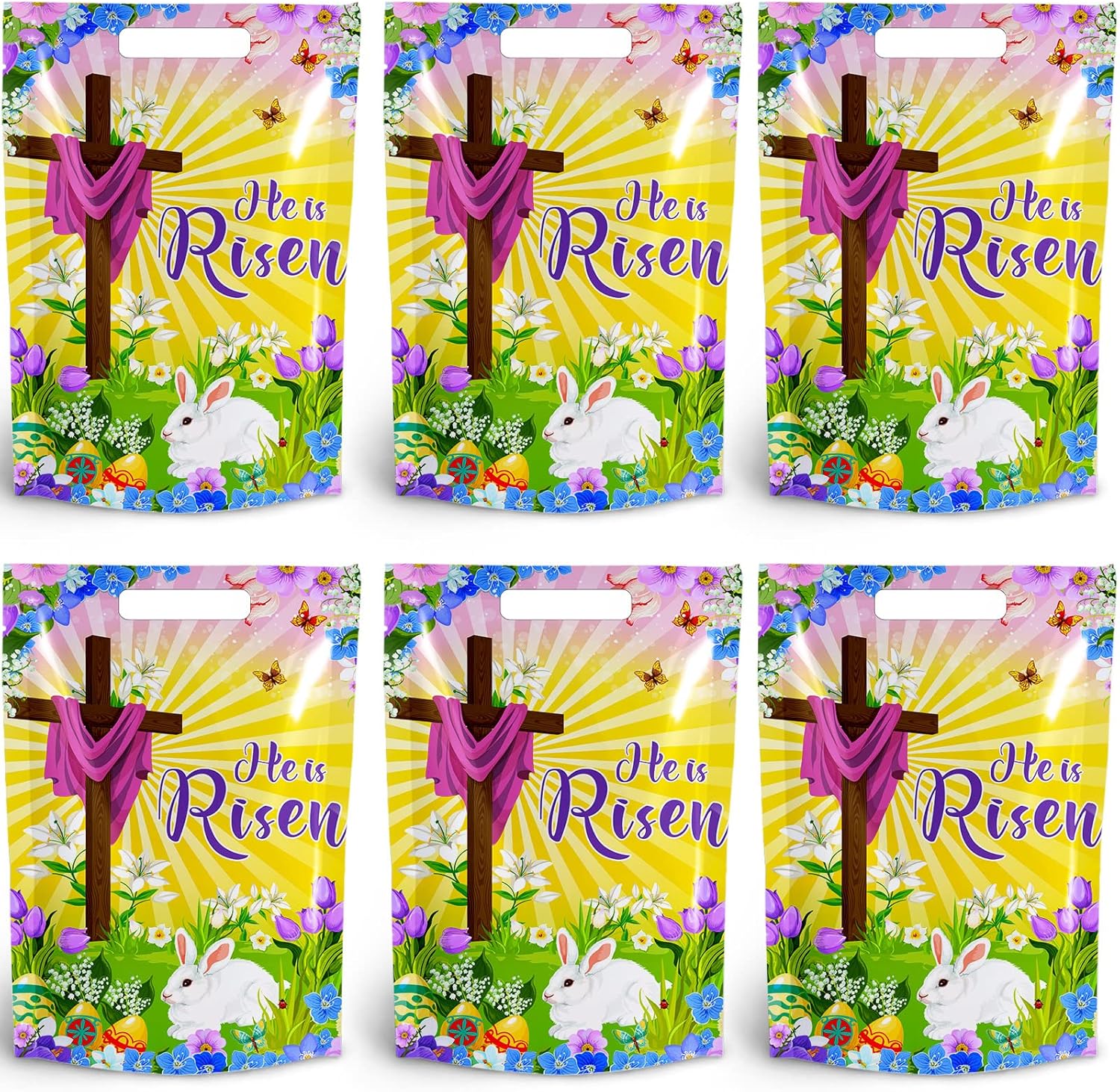 50 Pcs Easter Large Plastic Treat Bags 11 x 16.5 Inch He Is Risen Party Favor Bags Easter Religious Candy Goodie Treat Gift Bag Easter Tote Bag with Handles for Easter Spring Jesus Holiday Party Favor
