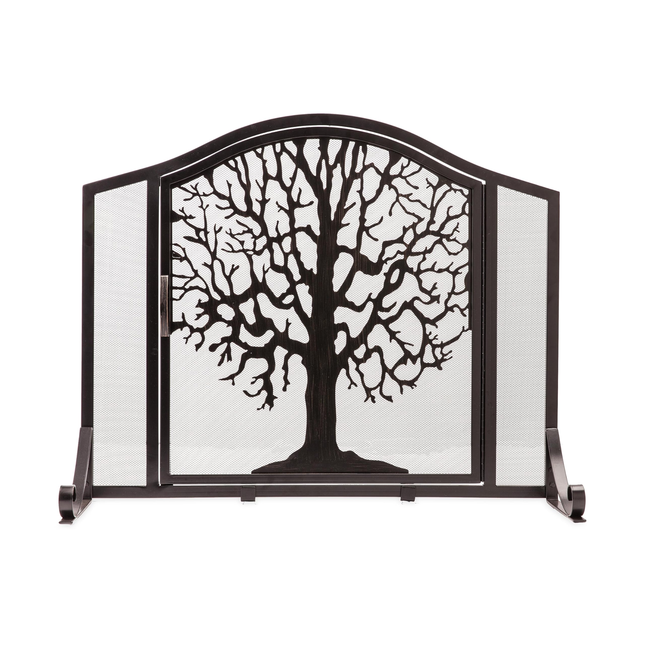 Plow & Hearth Metal Fireplace Screen Tree of Life Black | 44" W x 33" H | Magnetic Hinged Door | Spark Guard Cover | Stand Alone Wrought Iron Panel Fire Place Cover