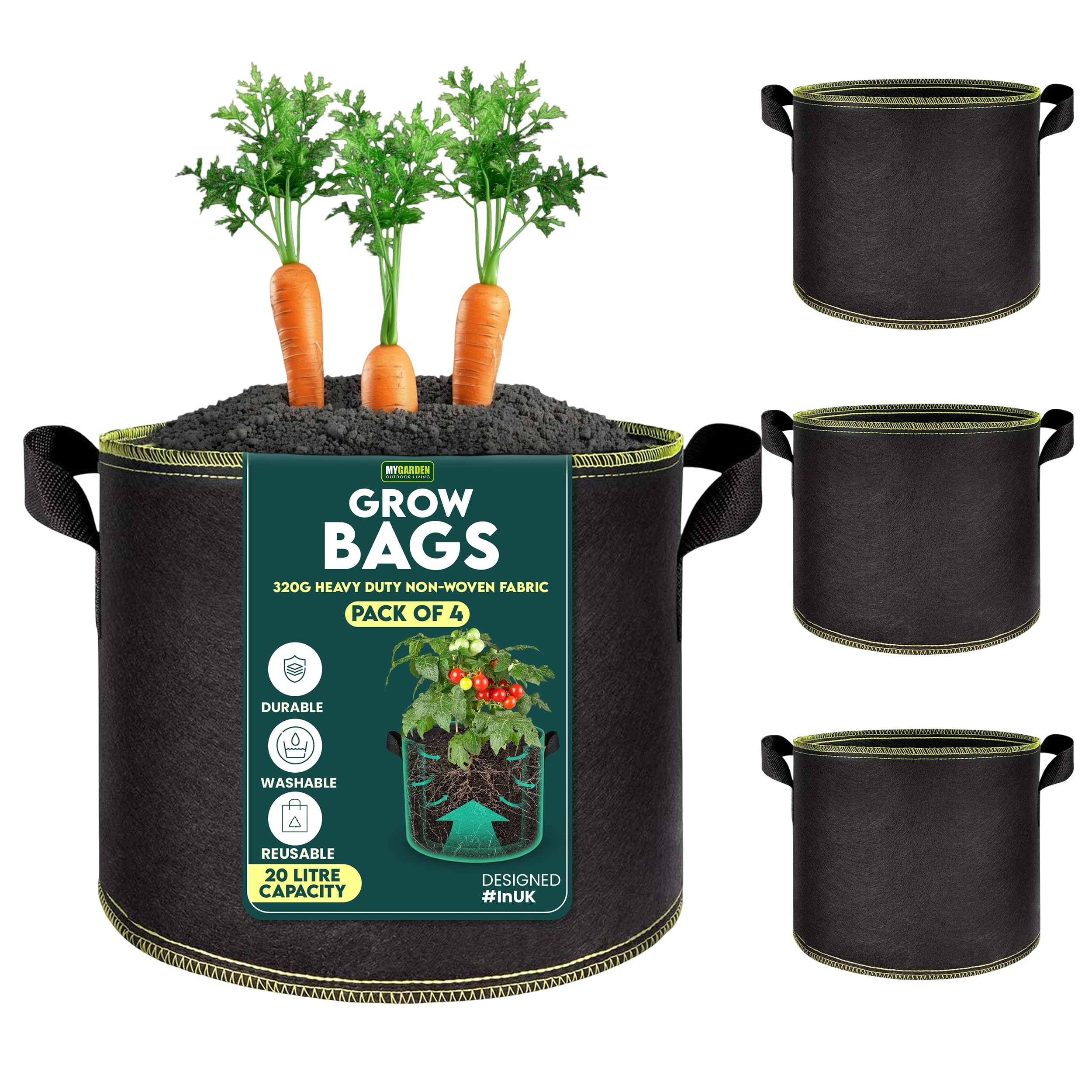 My Garden Grow Bags 20 Litre - Fabric Planter Pots with Handles – 320g Thickened Nonwoven Breathable Growing Bags for Vegetables, Herbs, Flowers, Tomatoes, Potatoes & Fruits (4, 20 Litres)