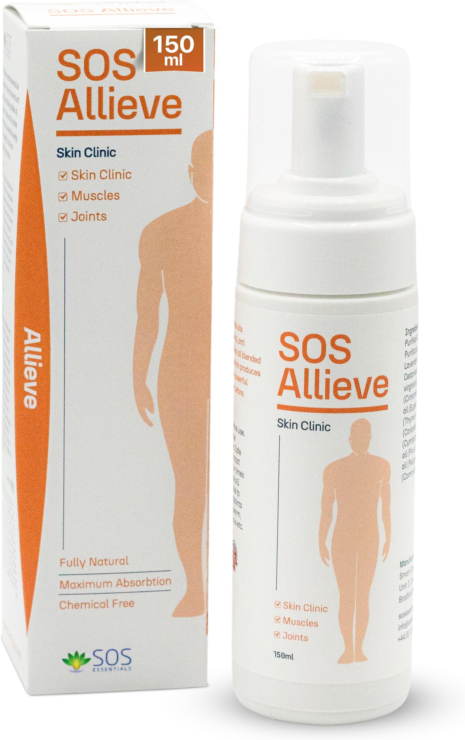 SOS Allieve Skin Clinic 150ml – Natural Pain Relief & Skin Repair Oil, Clove, Oregano & Cedarwood, Anti-Inflammatory, Deep Penetration Nano Formula for Quick Relief