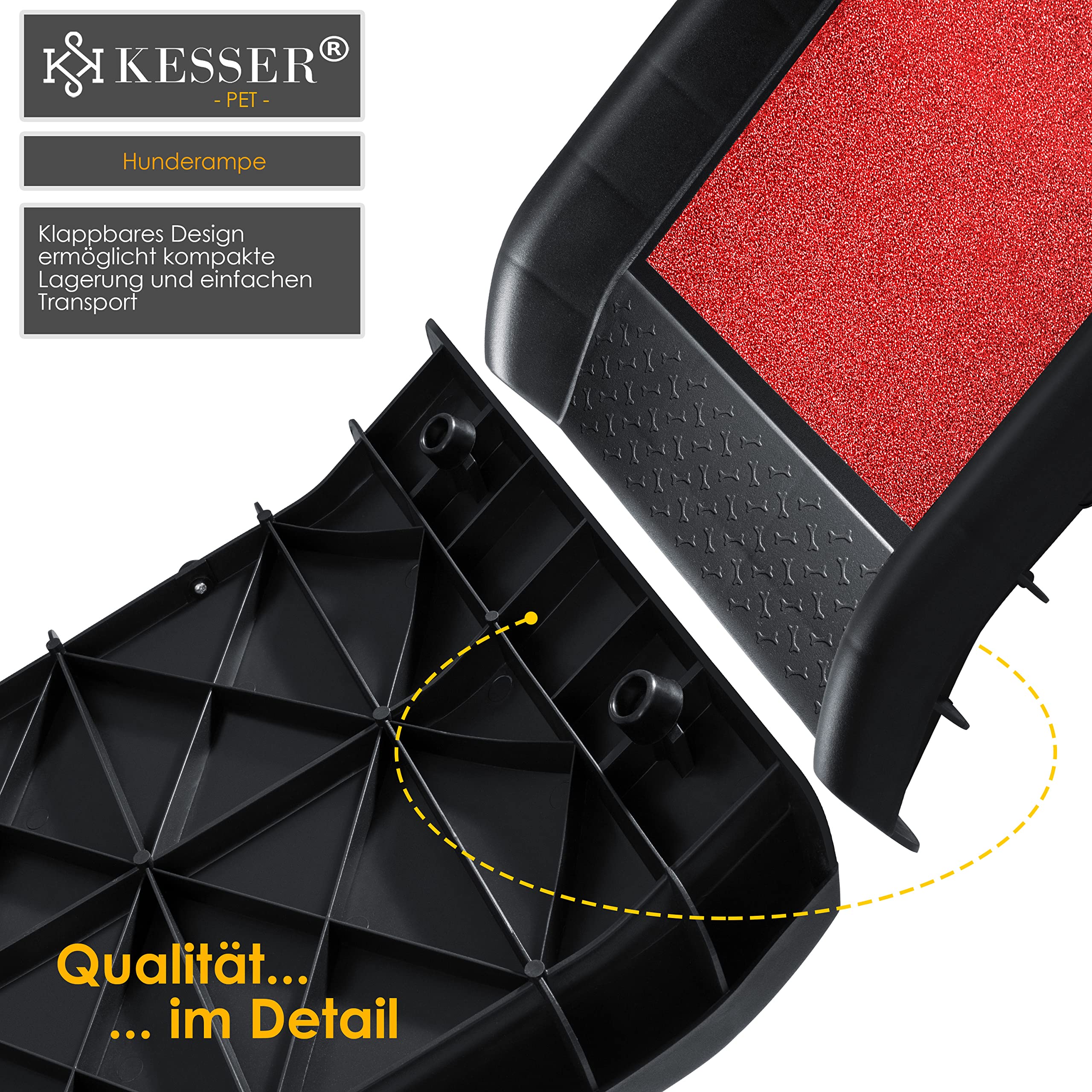 KESSER® Rampe de coffre pliable pour chien - Rampe de coffre pour animaux de compagnie - Jusqu'à 90 kg - 156 x 40 cm - Légèrement stable et antidérapante - Rouge