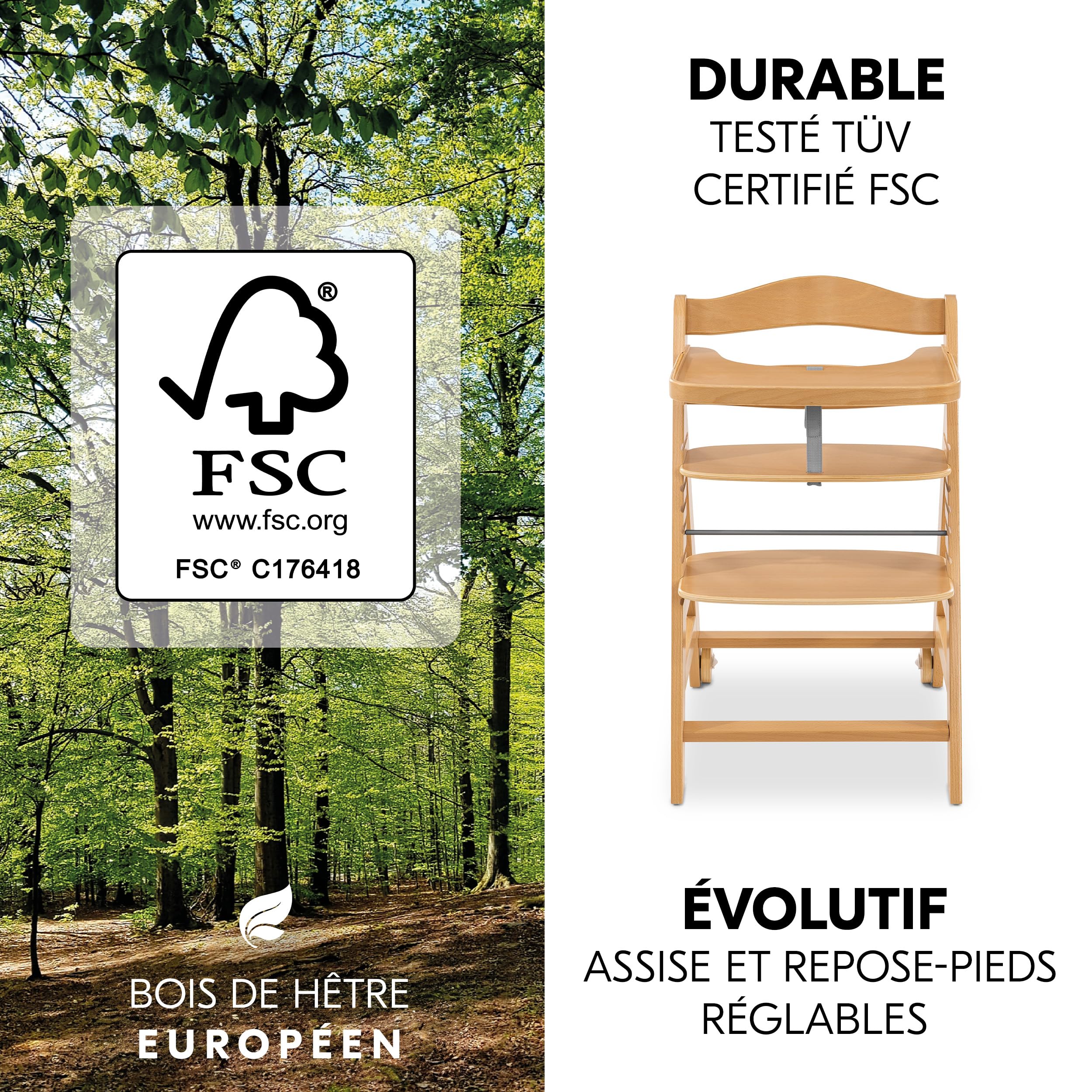 hauck Chaise Haute Bébé Beta+ avec Siège Highchair Bouncer - Natural | Chaise haute évolutive en bois, de la naissance à 90 kg, inclus assise bébé ergonomique, roues, plateau repas, coussin