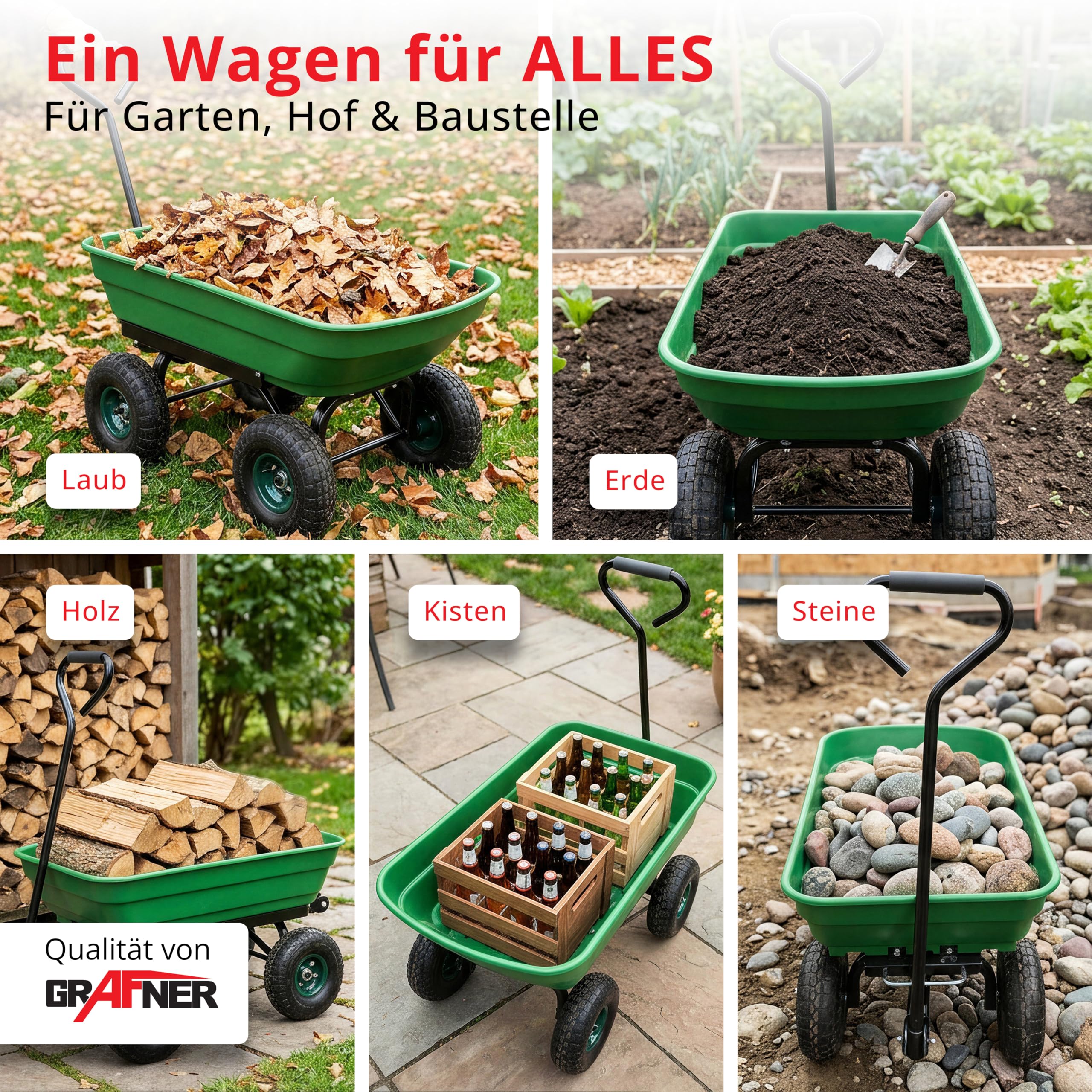 Grafner Gartenwagen mit Kippfunktion, belastbar bis 300 kg, 75 Liter Kunststoffwanne und Lenkachse, Luftbereifung, Transportwagen Gartenkarre Dumper Handwagen Schubkarre Bollerwagen