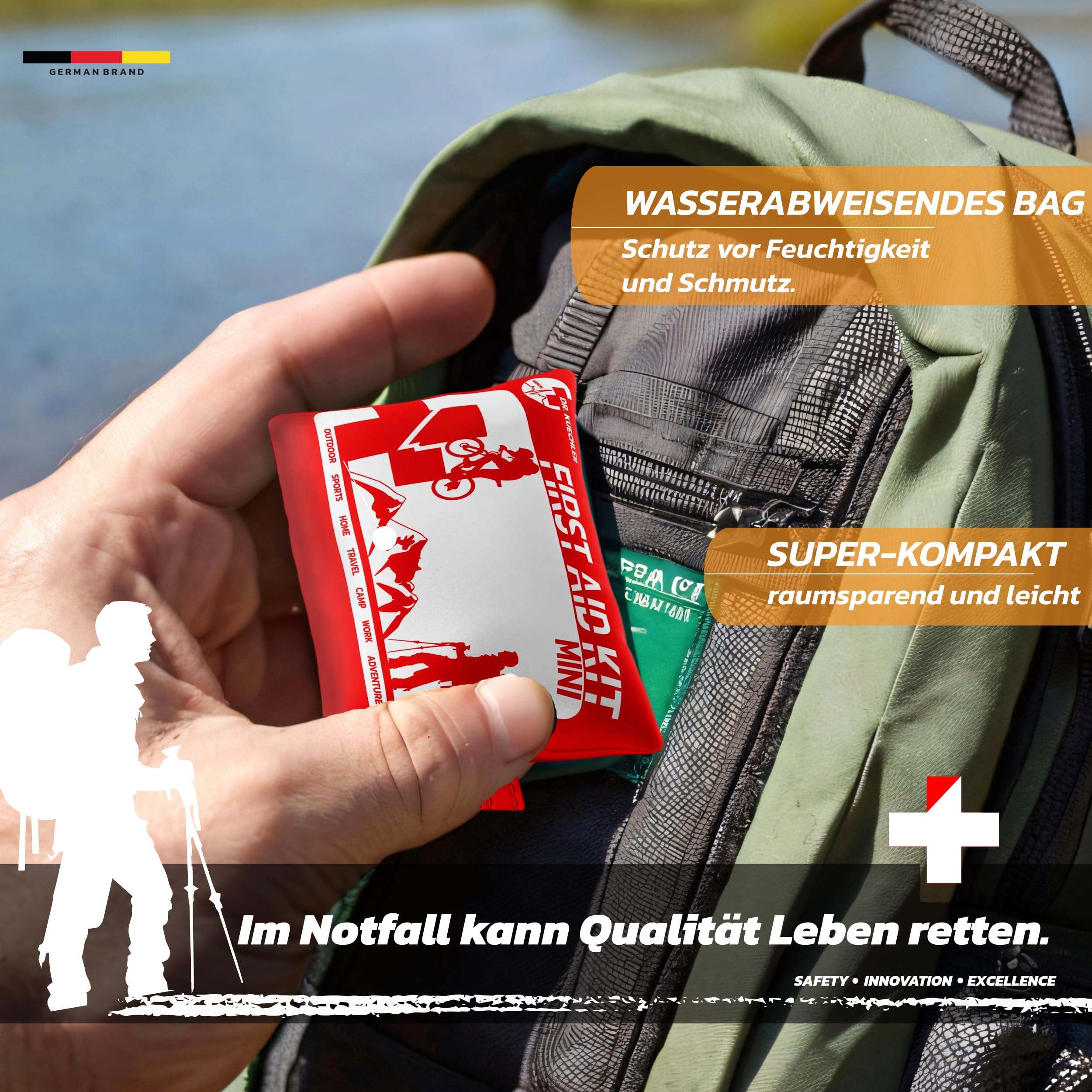 Dr. Küchler Medical Erste-Hilfe-Set Mini - Ultrakompaktes First Aid Kit (14×9×4 cm) für Outdoor, Wandern, Fahrrad & Reise - 29 Teile mit Pflastern, Wundauflagen & Schere, Color First AID KITS:rot
