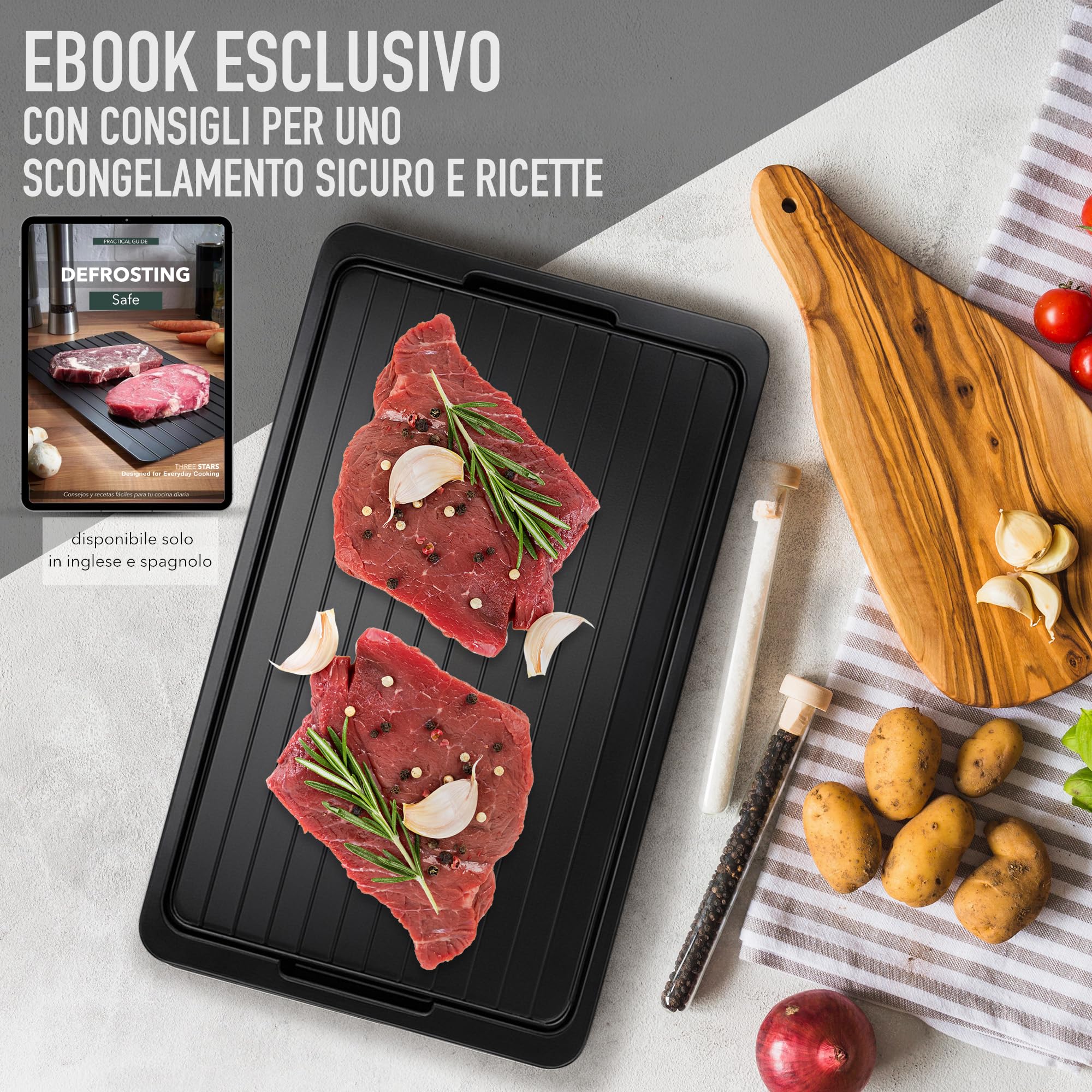 Tavola Sbrinamento Rapido Cibo - Vassoio in Alluminio 35,5 x 20,5 x 0,2 cm con Accessori Spazzola Silicone e Pennello - Piastra per Carne + Pesce + Pollo - Cucina Igienica Riutilizzabile | 3-Stars