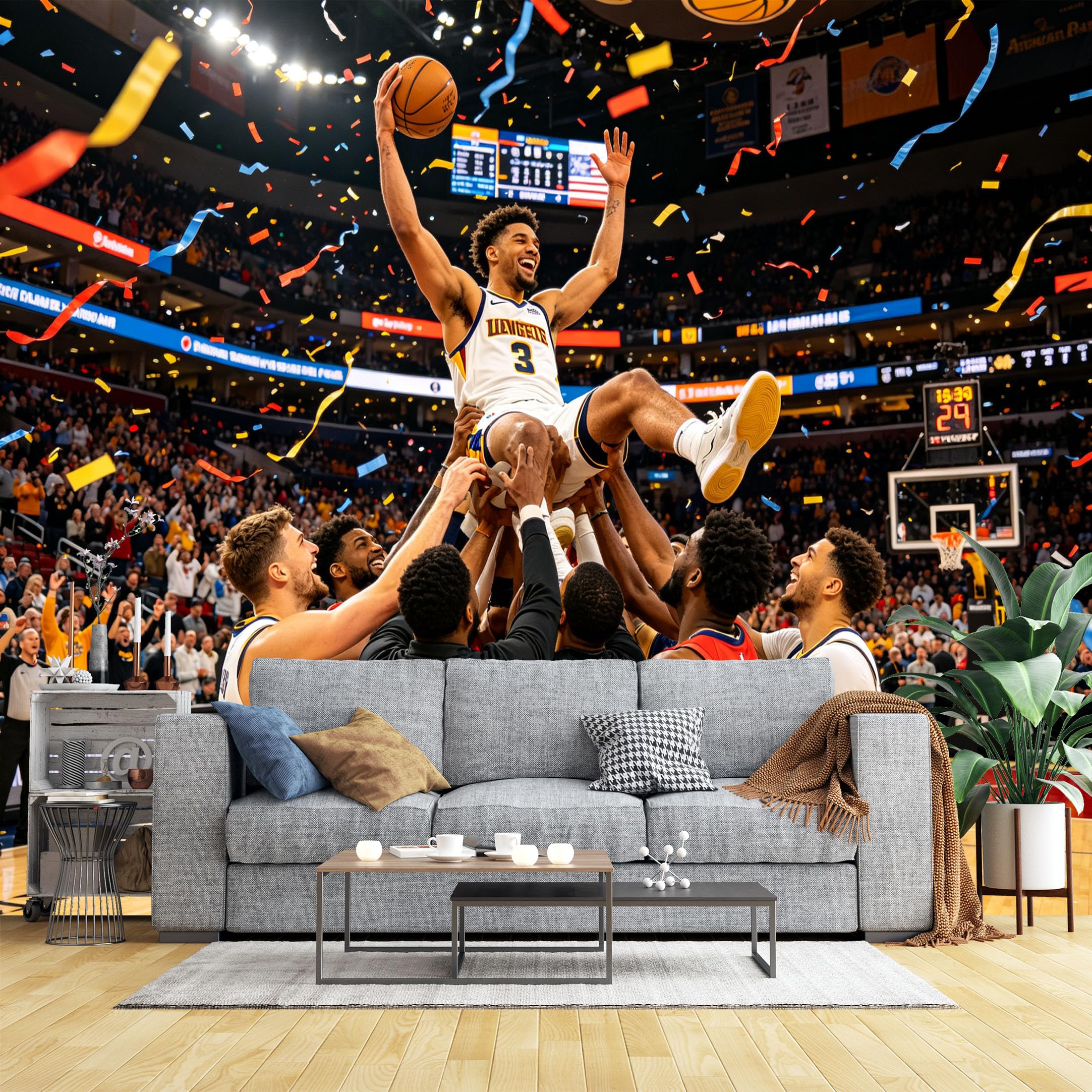Lcythiazole Ch260604052 Custom Size Wall Murals Pro Basketball Championship Celebration With Confetti Hd Self-Adhesive Wall Fabric (No Pvc) Removable Wallpaper For Living Room Home Decor