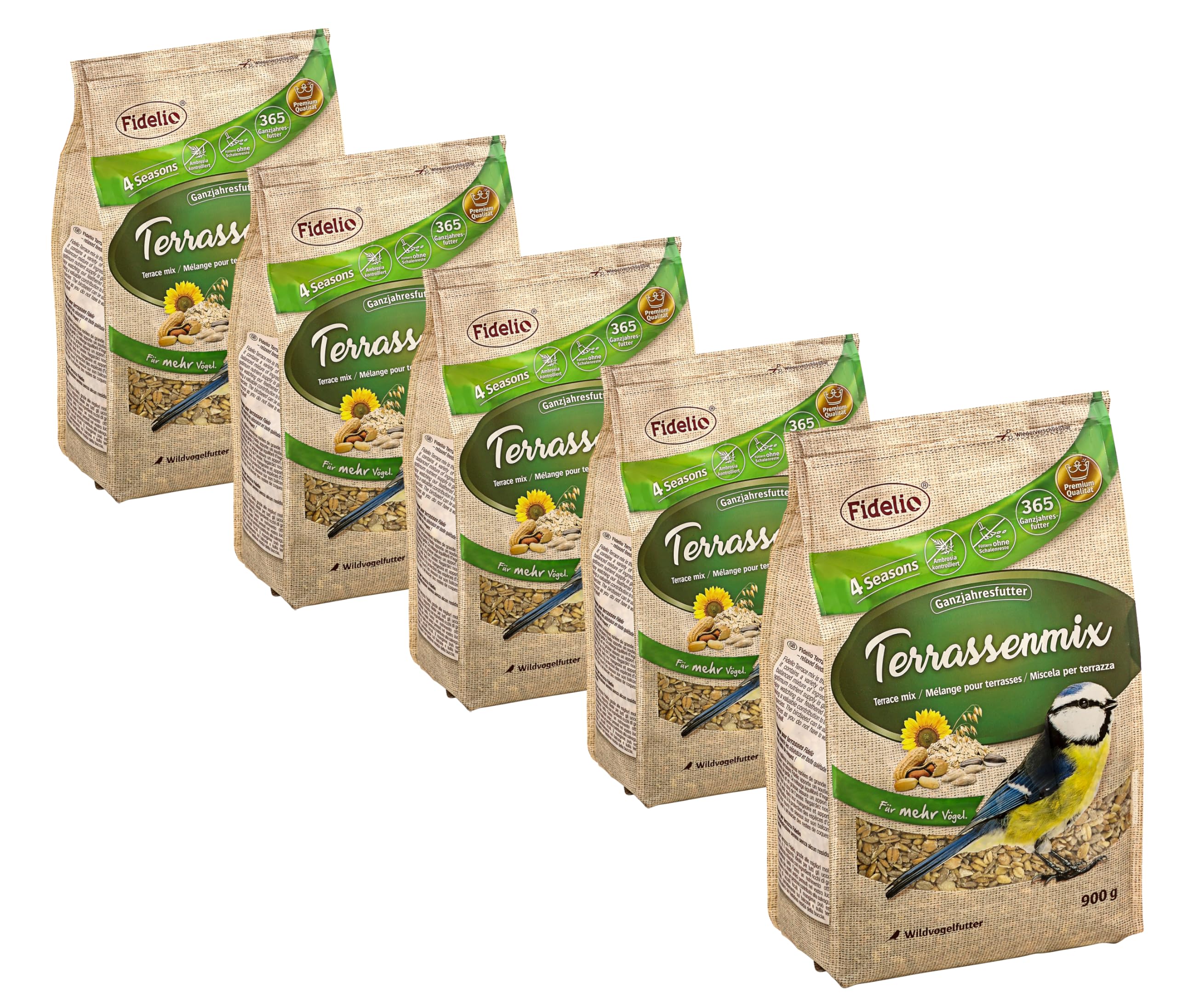 Fidelio Karma dla dzikich ptaków, mieszanka tarasów, całoroczna, bogata w białko/energię, wysokiej jakości karma dla dzikich ptaków, 5 x 900 g (4,5 kg)