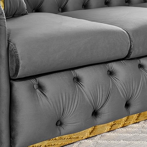Miniatura 5 de KEIKI Sofá Chesterfield de terciopelo de lujo de 91 pulgadas con detalles de acero inoxidable dorado y 2 almohadas, estilo mediados de siglo, sofá