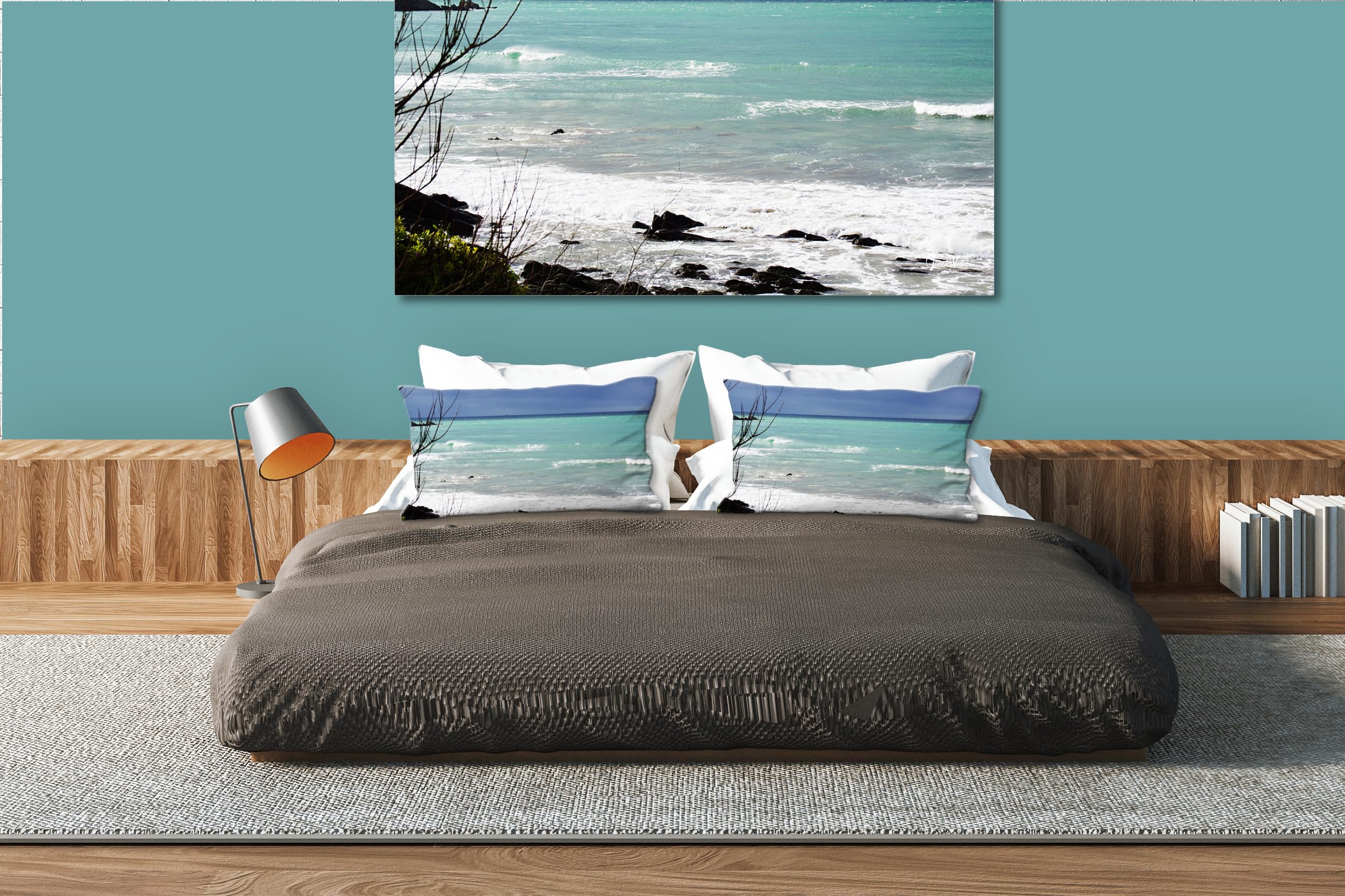Farbspiele 2 - Foto-Kissen-Hülle Set (2 STK.) 80 x 40 cm | Kissen-Bezüge - passend zu Wandbild - Deko-Kissen - Frankreich Strand Küste blau türkis