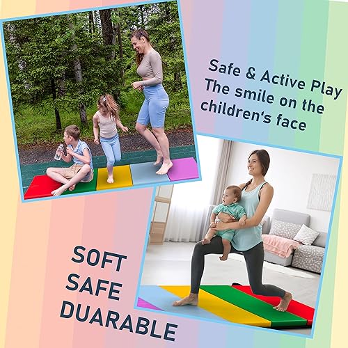 Miniatura 7 de Betterhood Gymnastics Mats for Tumbling Set of 2, 1.5" Thick Folding Exercise Mats wHook & Loop, Non-Slip Bottom & Carrying Handles, Rainbow