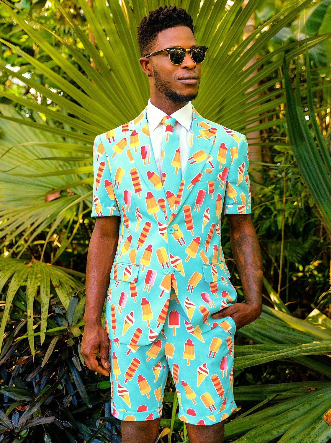 Opposuits Men's Summer Suit - Ice Cream Popsicle Printed Outfit - Slim Fit - Includes Short Sleeved Blazer - Shorts - and Tie