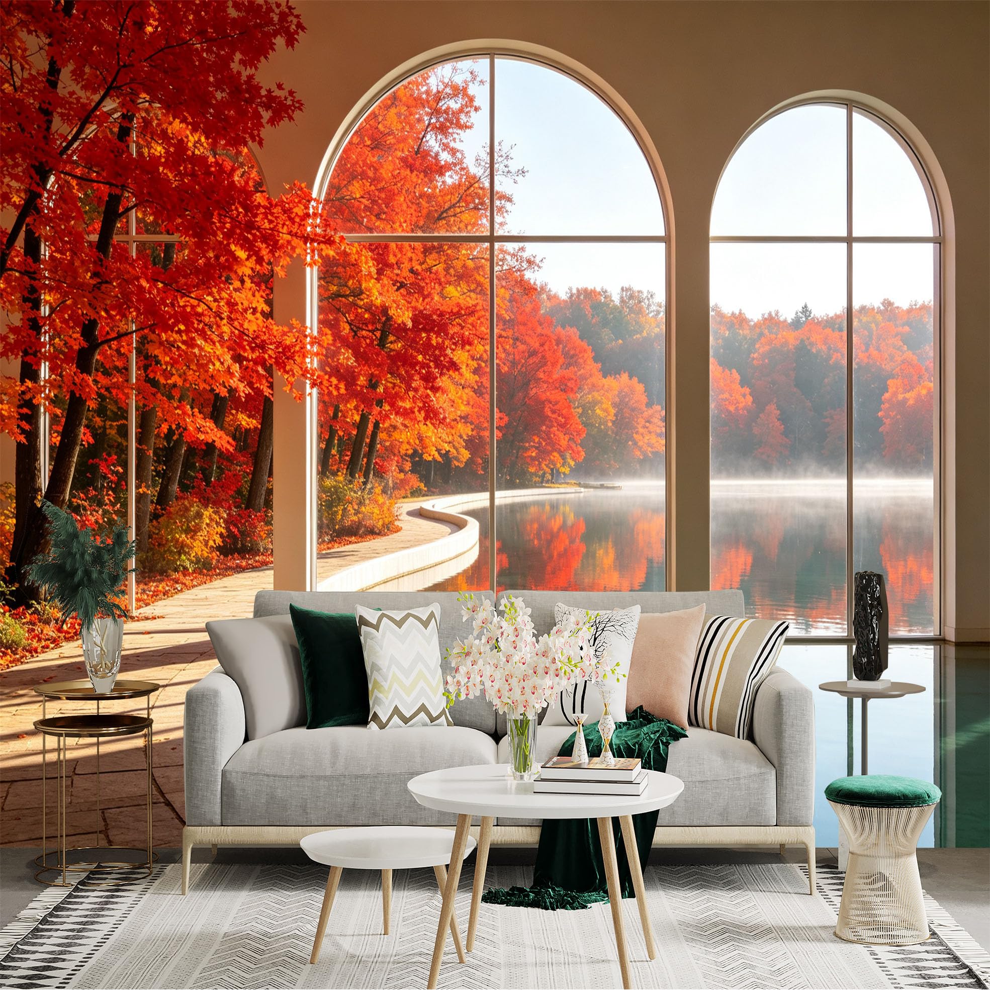 Custom Size Wall Sticker Mural， Autumn Maple Trees by The Lake， Scenic Window View， Vibrant Fall Foliage， for wall Decoration， peelandstick wall Decals.