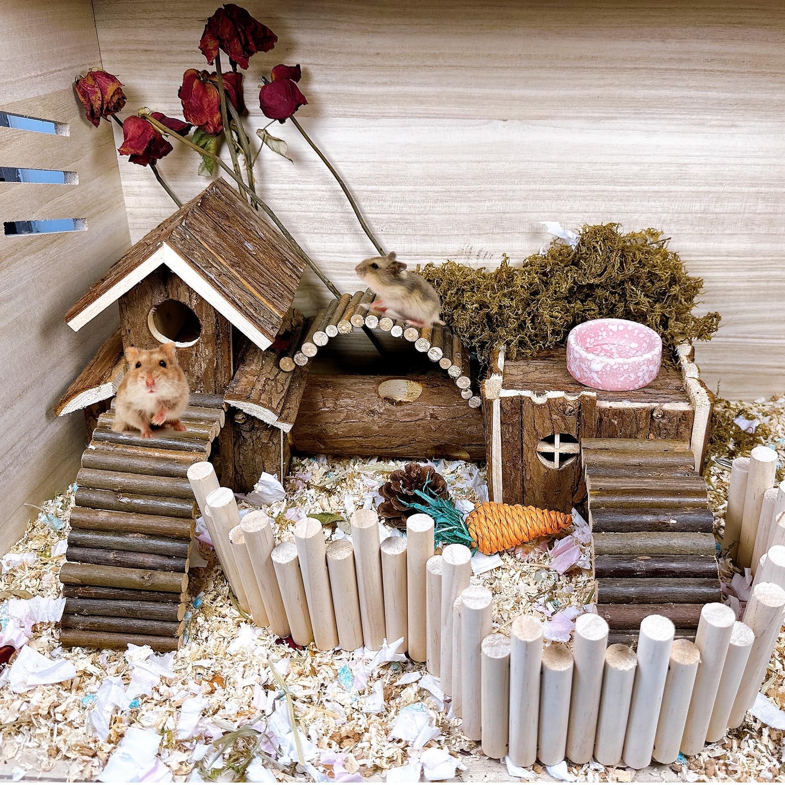 Hamiledyi Natürlicher Holz-Hamster-Tunnel, Spielplatz, Kleintiere, Mehrraum-Versteckhäuser, Häuser mit Kletterleitern und Brücke für Zwerghamster, Mäuse und andere Kleintiere, 47 x 22 x 15 cm