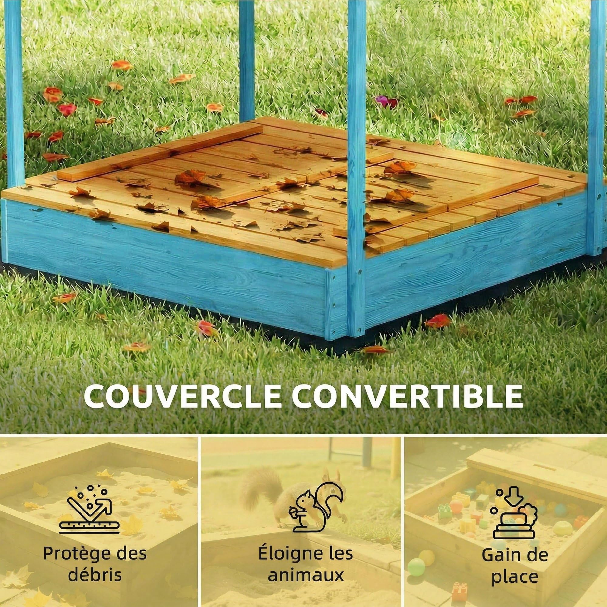 AIYAPLAY Bac à Sable en Bois avec Couvercle, bac à Sable Enfant extérieur avec siège Pliable, Espace de Rangement, Toile imprimée Dinosaures, Fond Inclus, pour 3 à 6 Ans, 134,5x127,5x130cm, Bleu