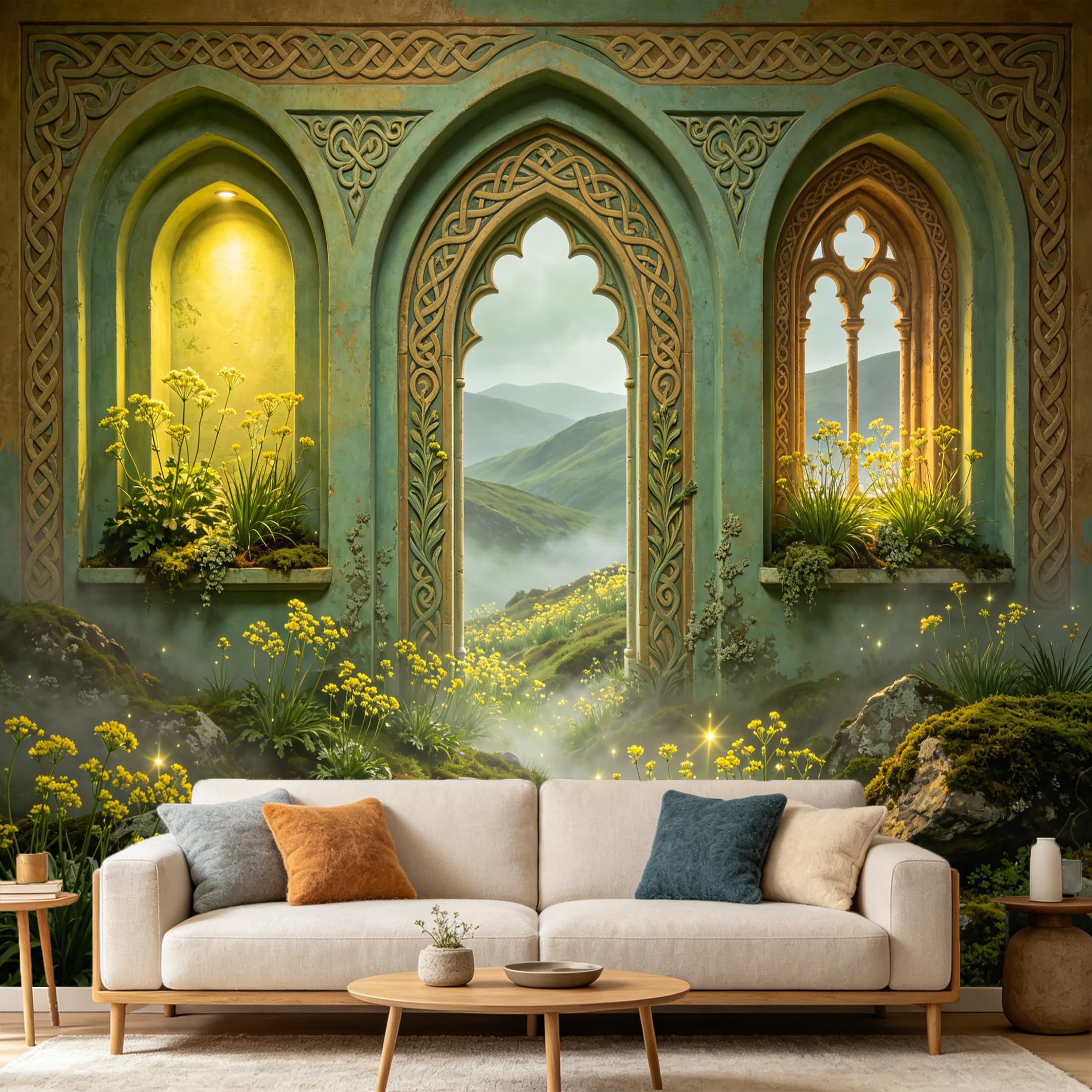 Custom Size Wall Mural， Ancient Gothic Stone Archway Misty Mountain Valley Yellow Wildflower Meadow， SelfAdhesive Art Prints wall Fabric Removable Large Wallpaper Home Living Room Decor
