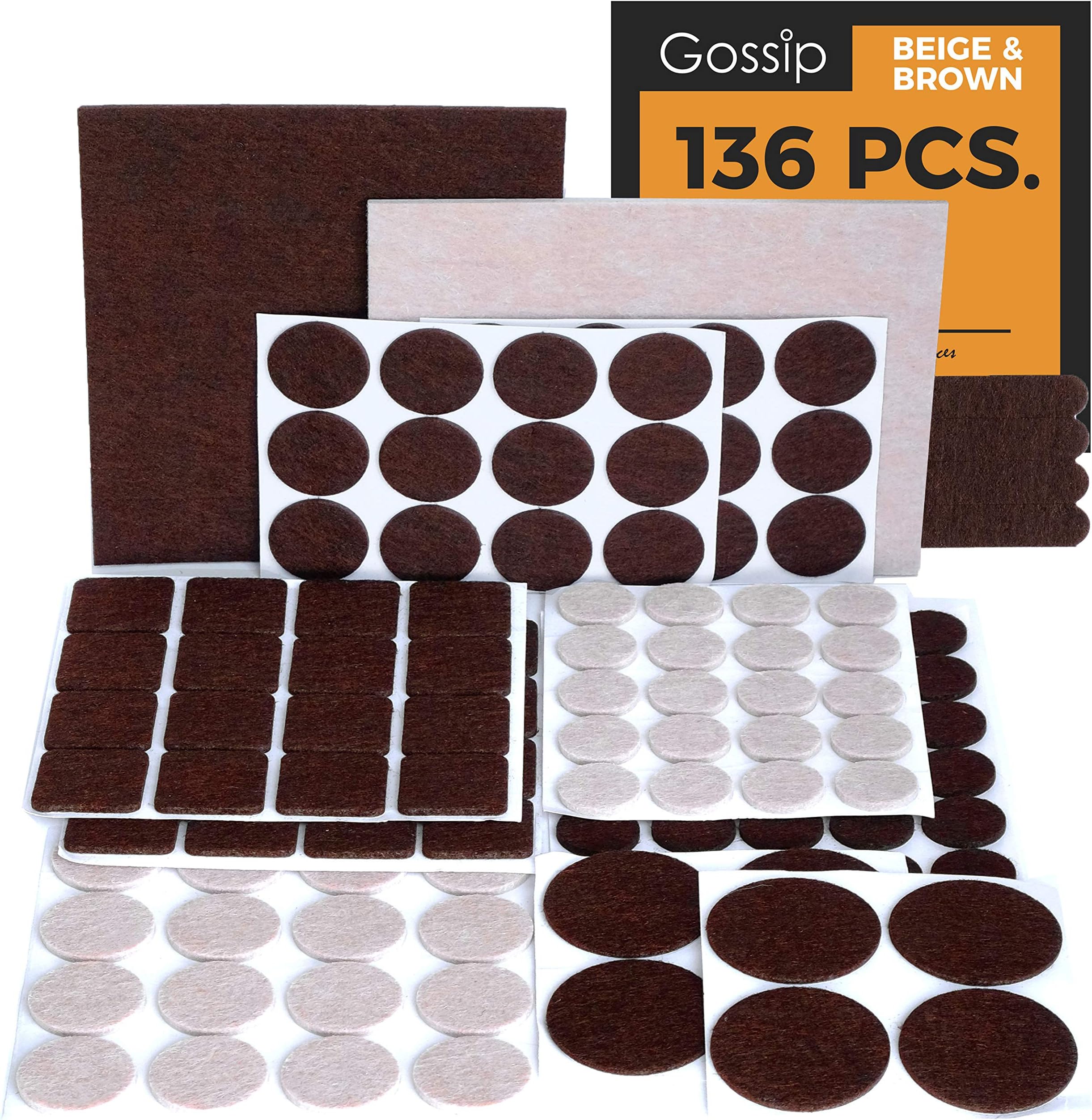 GOSSIP Premium Furniture Felt Pads – 136 Pcs Set Brown Heavy Duty Adhesive Floor Protectors for Furniture Legs. Assorted Sizes with Noise Dampening Bumpers. Furniture Sliders for Hardwood Floors