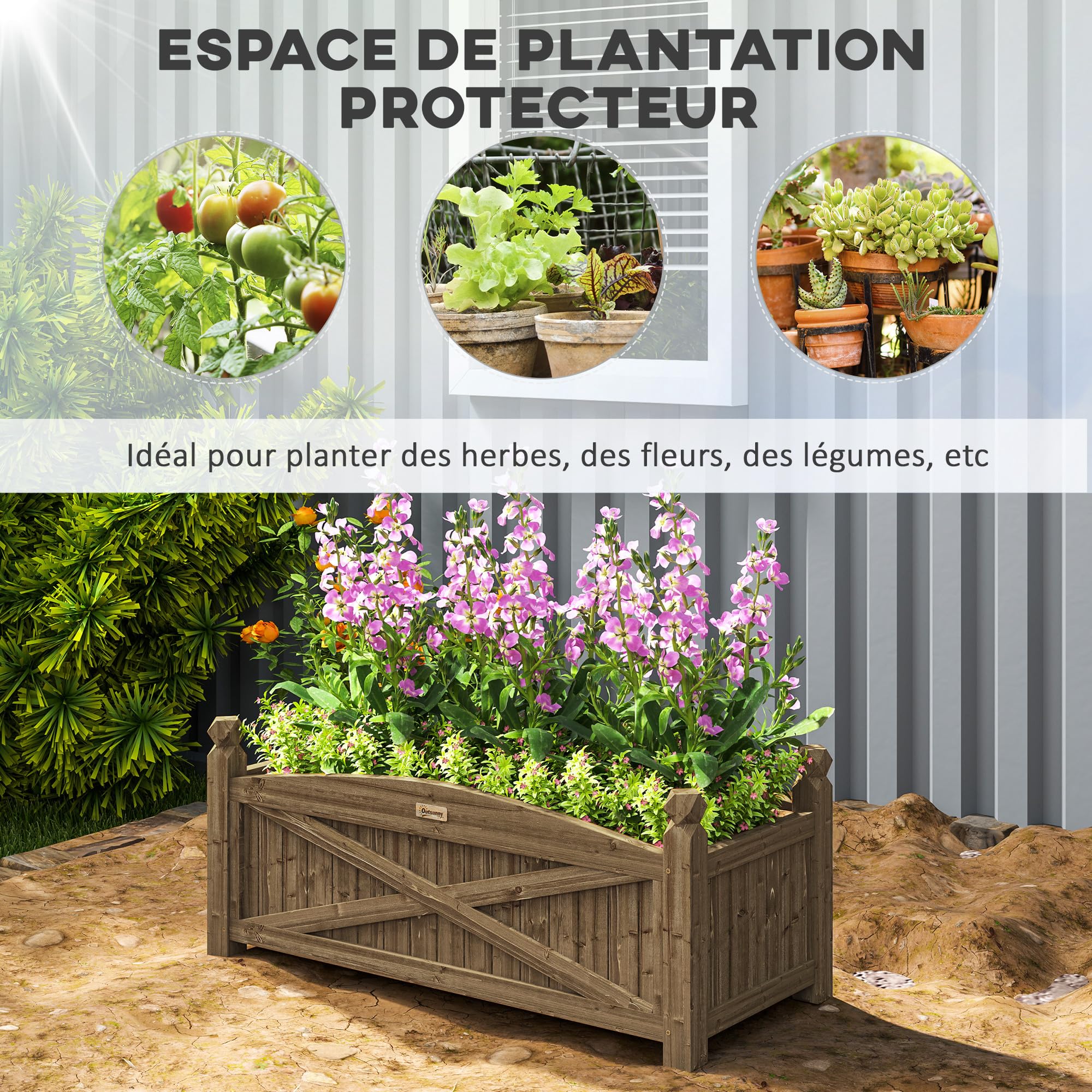 Outsunny Jardinière en Bois Rectangulaire 90 x 39 x 37 cm Marron Foncé | Carré Potager, Trous de Drainage, Bac à Fleurs, Légumes Herbes Fleurs, Jardin Terrasse Patio
