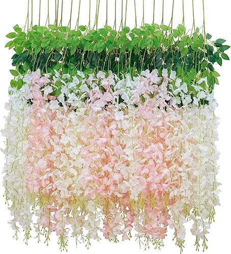 BLEUM CADE 20 flores colgantes de glicina falsa blanca y rosa, 3.6 pies, flores colgantes para bodas, fiestas, hogar, telón de fondo, decoración de