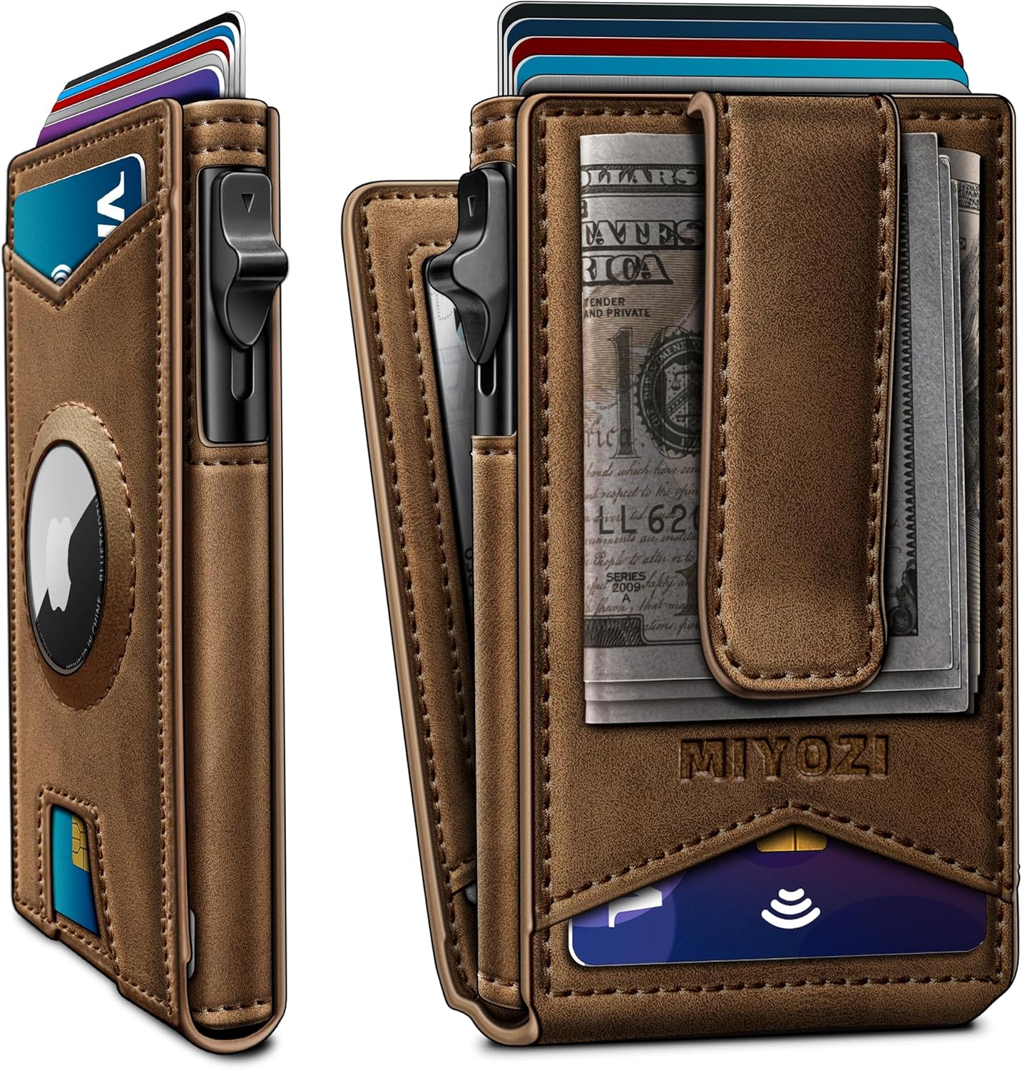 Airtag Wallet for Men,with Money Clip Gift Boxed,Slim Front Pocket Wallet RFID Blocking Metal Case Smart Pop-up Credit Card Holder in Magnetic Leather Flip