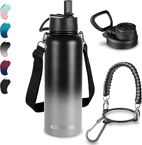 Miniatura 47 de KXIAOCHEN Botella de agua aislada, botella de agua de acero inoxidable, 2 tapas (con pajilla y tapa con asa), botellas de agua metálicas de boca