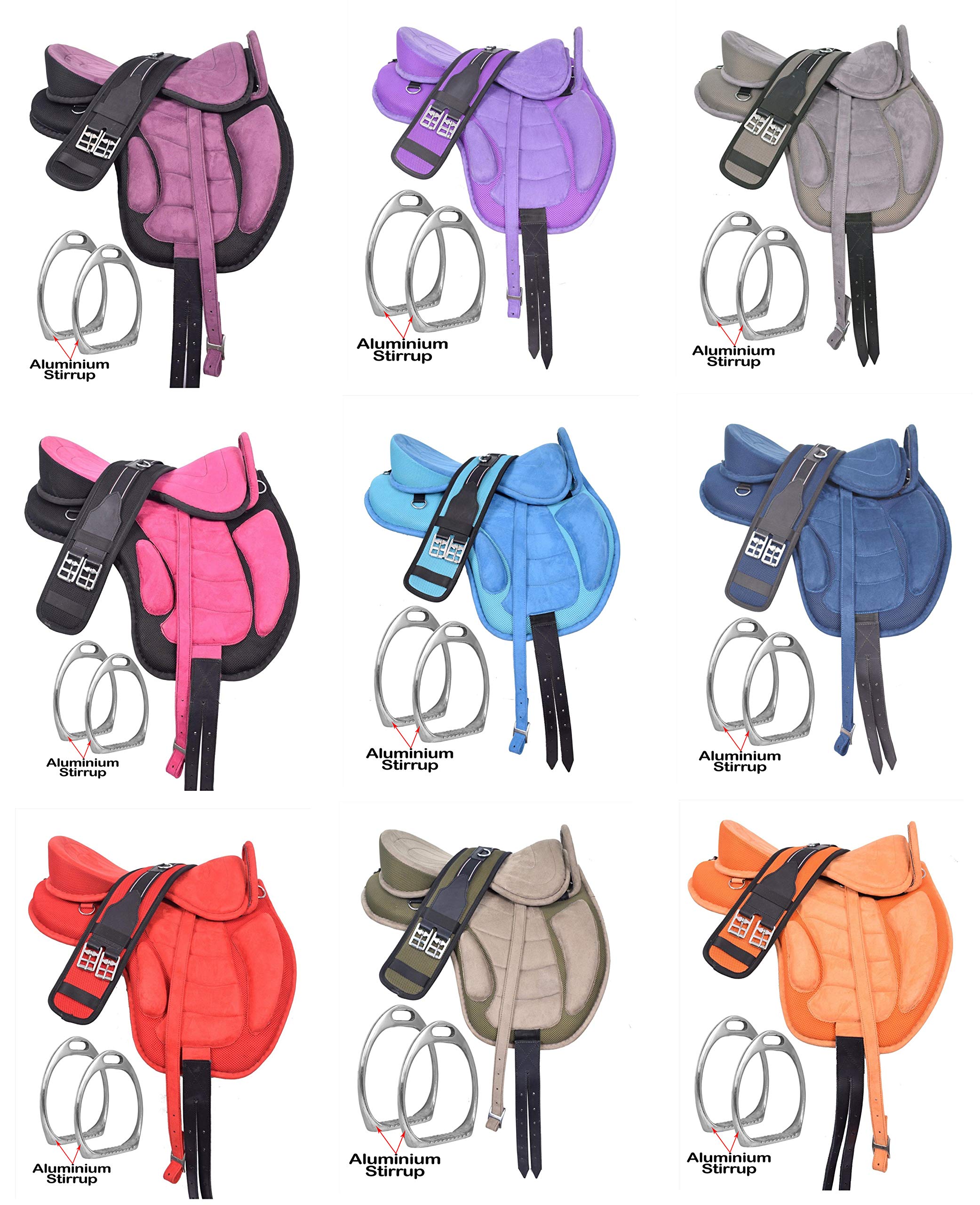 Manaal Enterprises Freemax Selle de cheval anglaise synthétique sans arbre pour adulte et poney avec sangle assortie et sangles en cuir Noir Siège de 25,4 cm à 45,7 cm