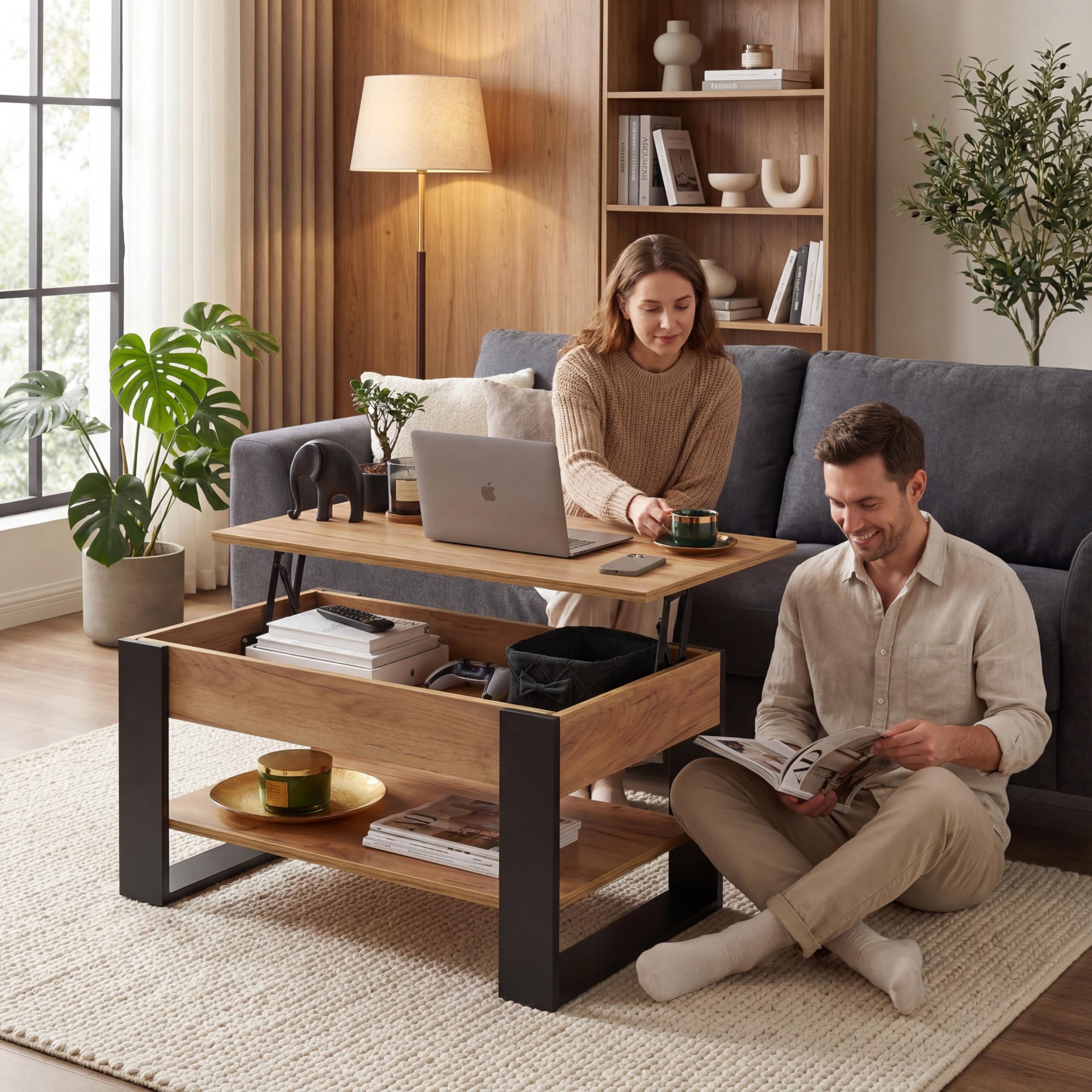 defiPad Table Basse Relevable avec Rangement – Table de Salon Moderne Industriel – Coffee Table avec Étagère et Compartiment Caché – Fabriquée en Europe – Plateau Réglable 45-61 cm (Noir + Chêne)
