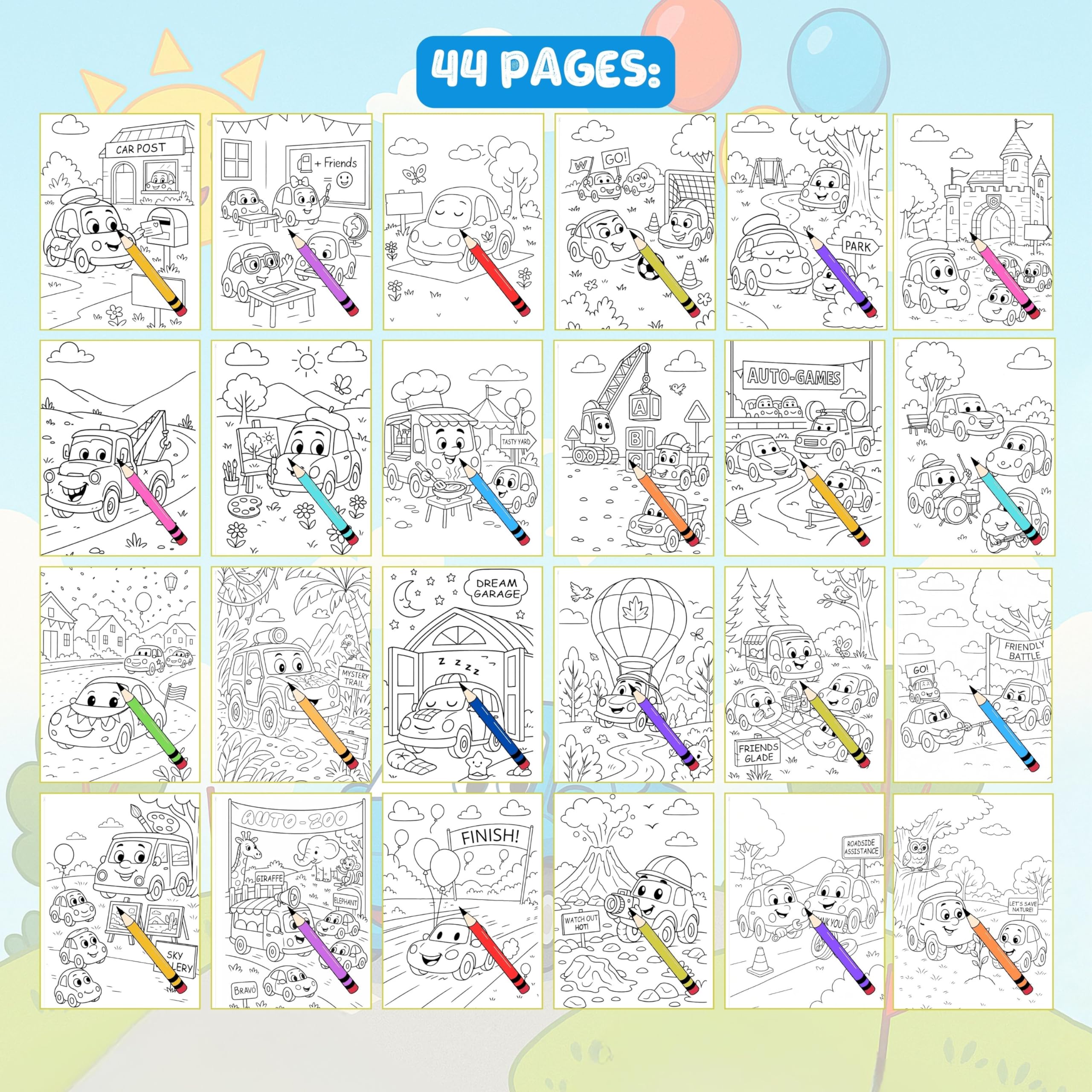 Libro da colorare - Happy Wheels: divertenti avventure di veicoli per bambini - Rilegato a spirale, perfetto per ragazzi e ragazze. Caratteristiche auto, camion, autobus e altro su strade stravaganti