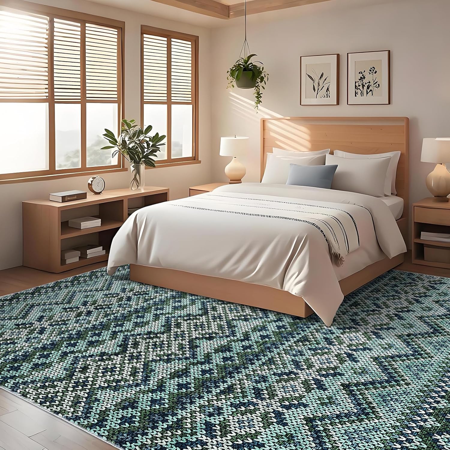 GarveeHome 8x10 Area Rugs for Living Room Christmas Boho Rug Washable Rug Boho Rugs for Bedroom Stain Resistant Throw Carpet Low Pile Folding Floor Cover for Nursery Playroom Apartment，Blue/Green