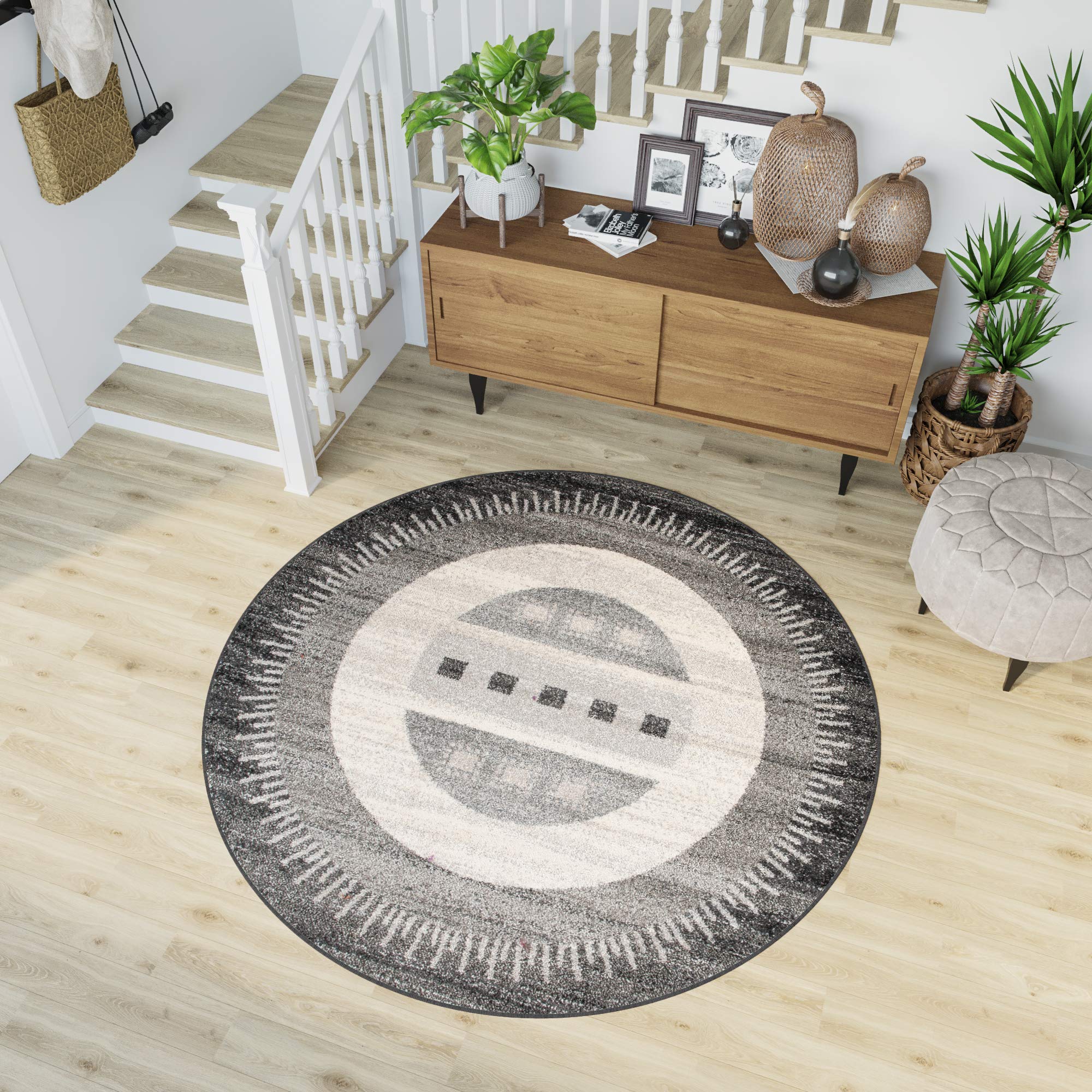 TAPISO Sari dywan okrągły, szary, kremowy, nowoczesny, w paski, czworokąty, koła, nakrapiany, bordiura, design, do salonu, sypialni, Ökotex 150 x 150 cm