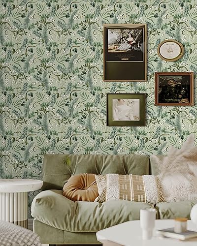Miniatura 4 de Fiula Papel tapiz de hojas verdes para despegar y pegar, 16.1 x 393 pulgadas, papel tapiz floral, papel tapiz extraíble, autoadhesivo, decorativo,