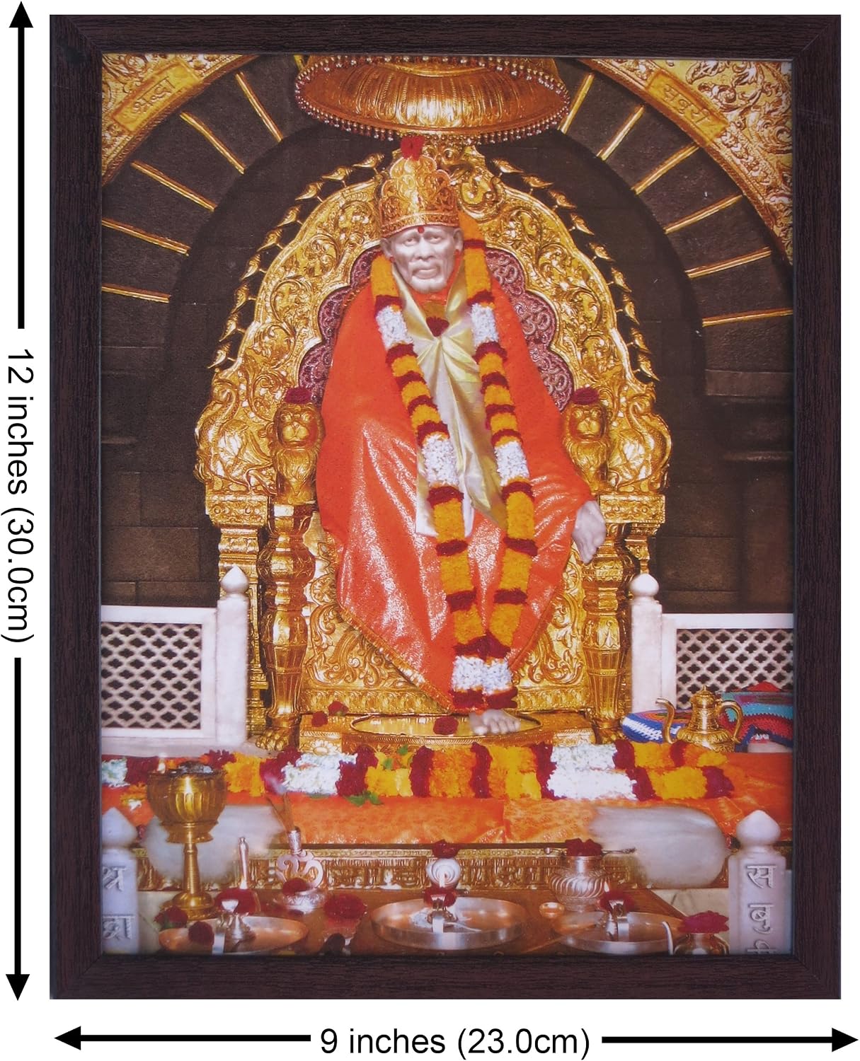 SANVIKA Sai Baba Poster Frame Wall Decor, Sai Baba Photo Art Frame For Living Room Decor, Hindu Decor For Office, Home, Pooja Room-12" x 9" (Sai Baba Sitting on Throne with Colorful Garland)