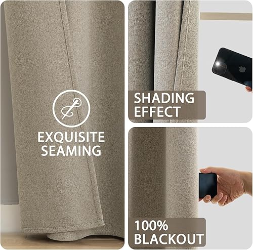 Miniatura 6 de SimpleHome Cortinas 100% opacas de lino natural para sala de estar, 84 pulgadas de largo, cortinas texturizadas con pestañas traseras para