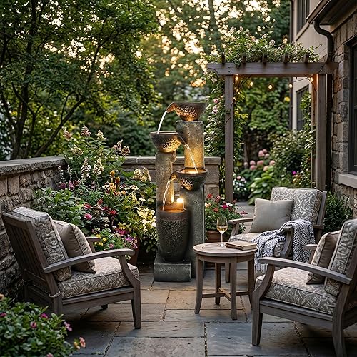 Miniatura 2 de Fuente de agua para jardín al aire libre, cascada de poliresina, fuentes de pie con luces LED para jardín, patio, terraza, porche, patio decoración