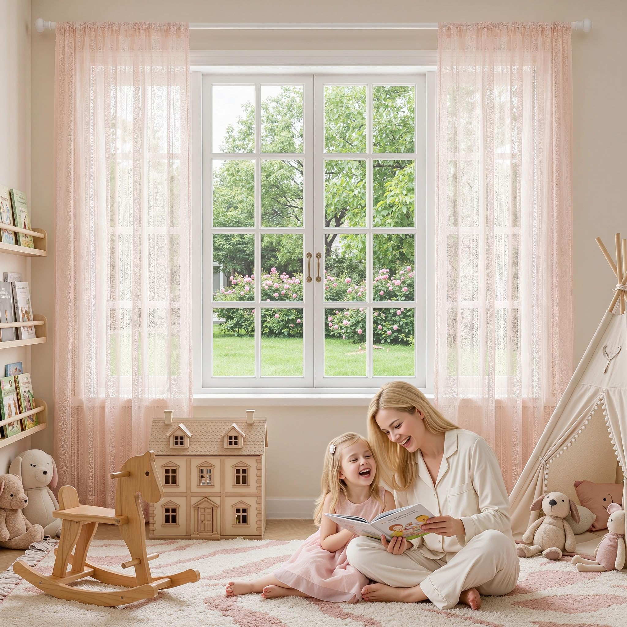 MYSKY HOME - Tende in pizzo per camera dei bambini per ragazze — Tende rosa per soggiorno e camera da letto, trasparenti, stile rustico, con tasca per asta, set da 2 pezzi, colore: rosa, 260 x 140 cm