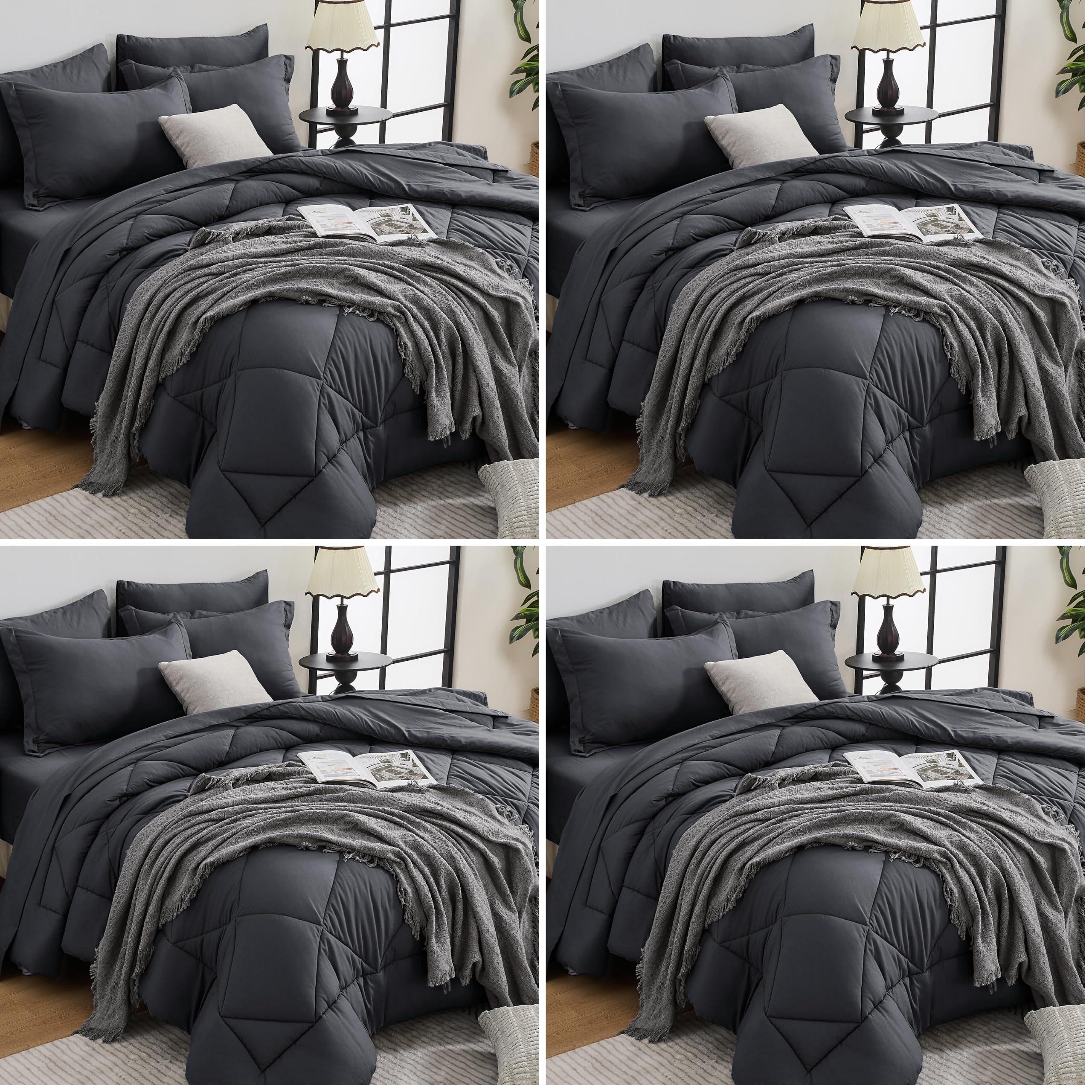 HEVUMYI 7 Pieces Queen Comforter Set, All Season Reversible Bed in a Bag, Ultra Soft Queen Bedding Set with Grey Comforter, Flat Sheet, Fitted Sheet, Pillowcases, Pillow Shams, Dark Grey (Pack of 4)