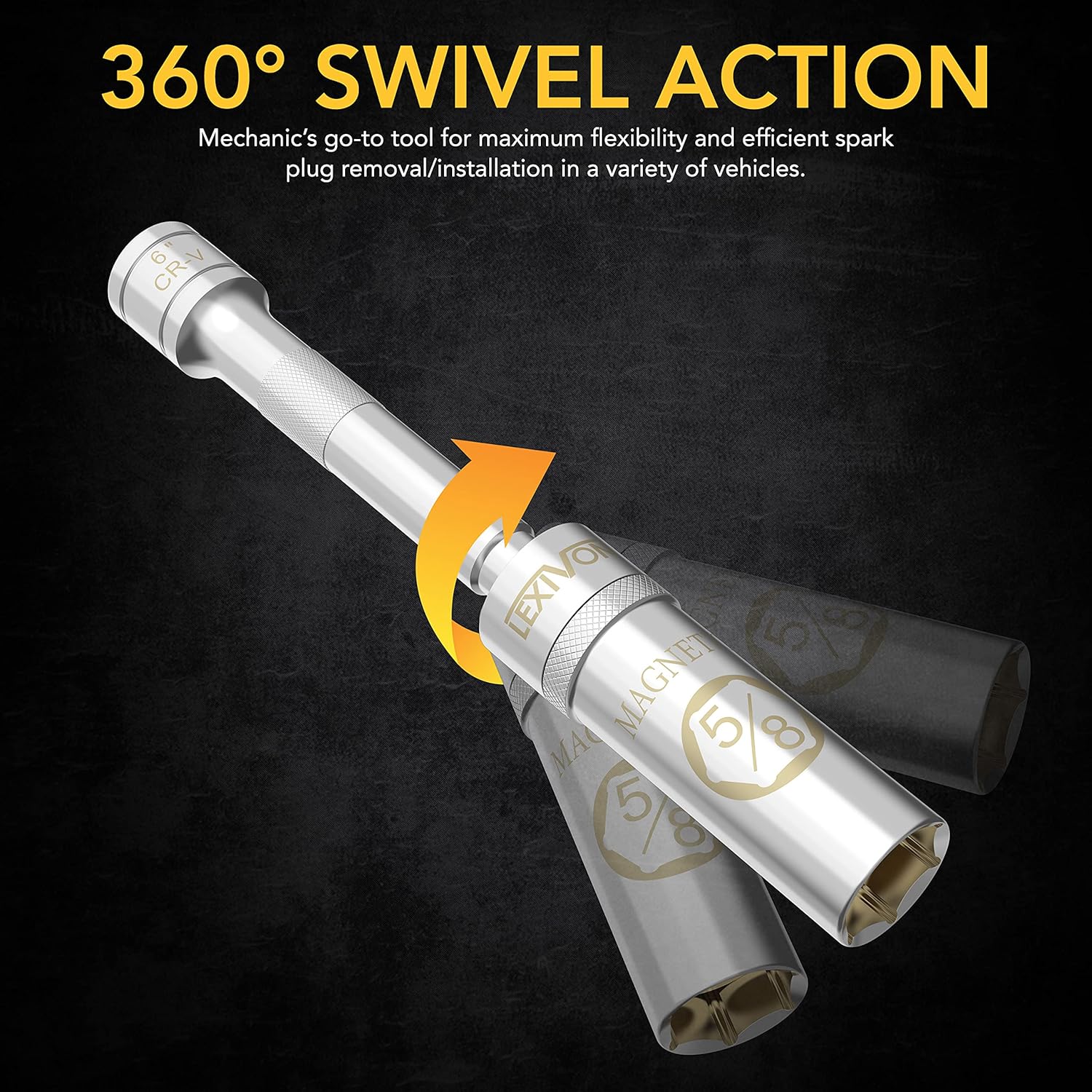 Diagram illustrating the 360-degree swivel action of the LEXIVON spark plug socket.