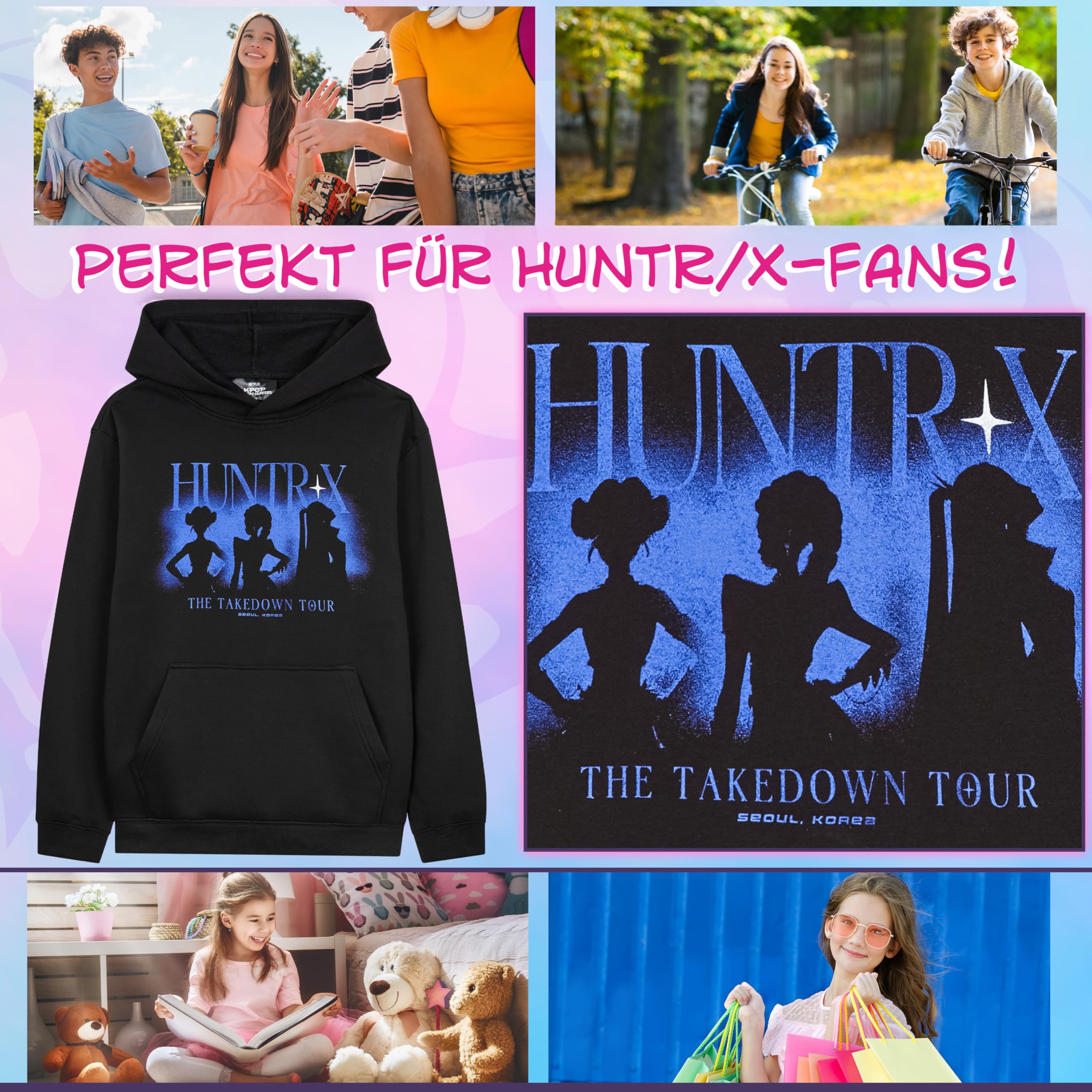 Get Trend KPop Demon Hunters Offiziell Hoodie Mädchen Teenager, Taschen Fleece Pullover, Anime Huntrix Saja Boys Merch, Kinder Geschenke