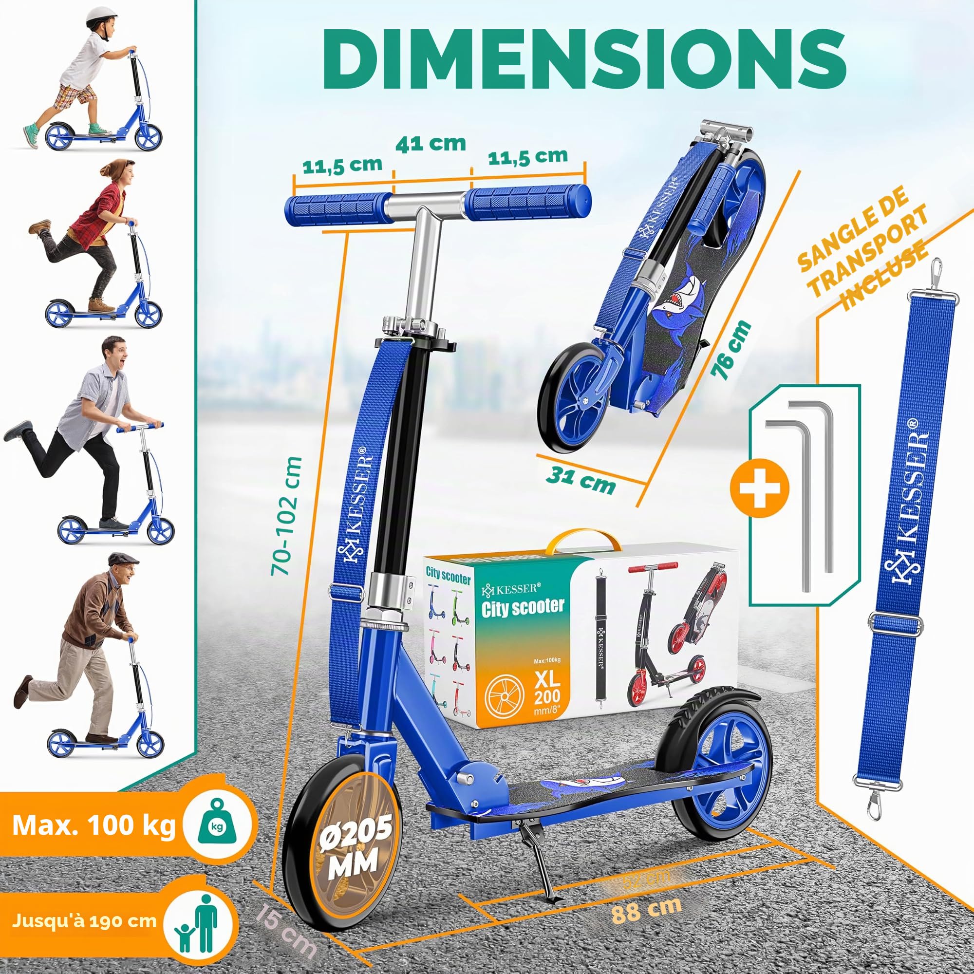 KESSER® Scooter pour Enfants de Ville Trottinette Pliable réglable en Hauteur, Kickscooter jusqu'à 100kg, Frein de Roue Arrière, Jusqu'à 190cm de Hauteur, Sangle de Transport Incluse