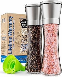 Home EC Premium Stainless Steel Sea Salt and Pepper Grinder Set of 2 - Adjustable Ceramic - Tall Glass Salt and Pepper Shakers - Kitchen Spice Mill W/Funnel & EBook