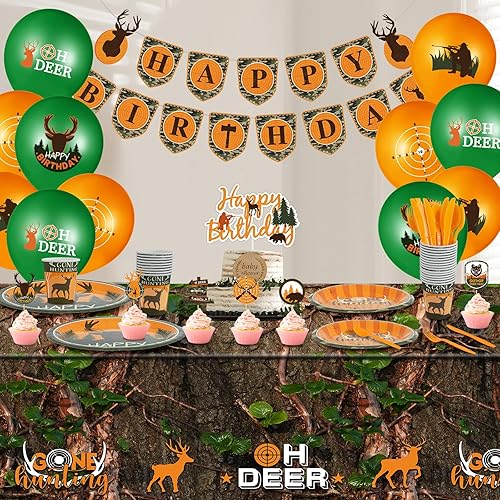Miniatura 6 de Suclain 165 piezas de decoración de fiesta de cumpleaños de caza, carteles de cumpleaños de ciervos camuflados, manteles de caza, vajilla desechable