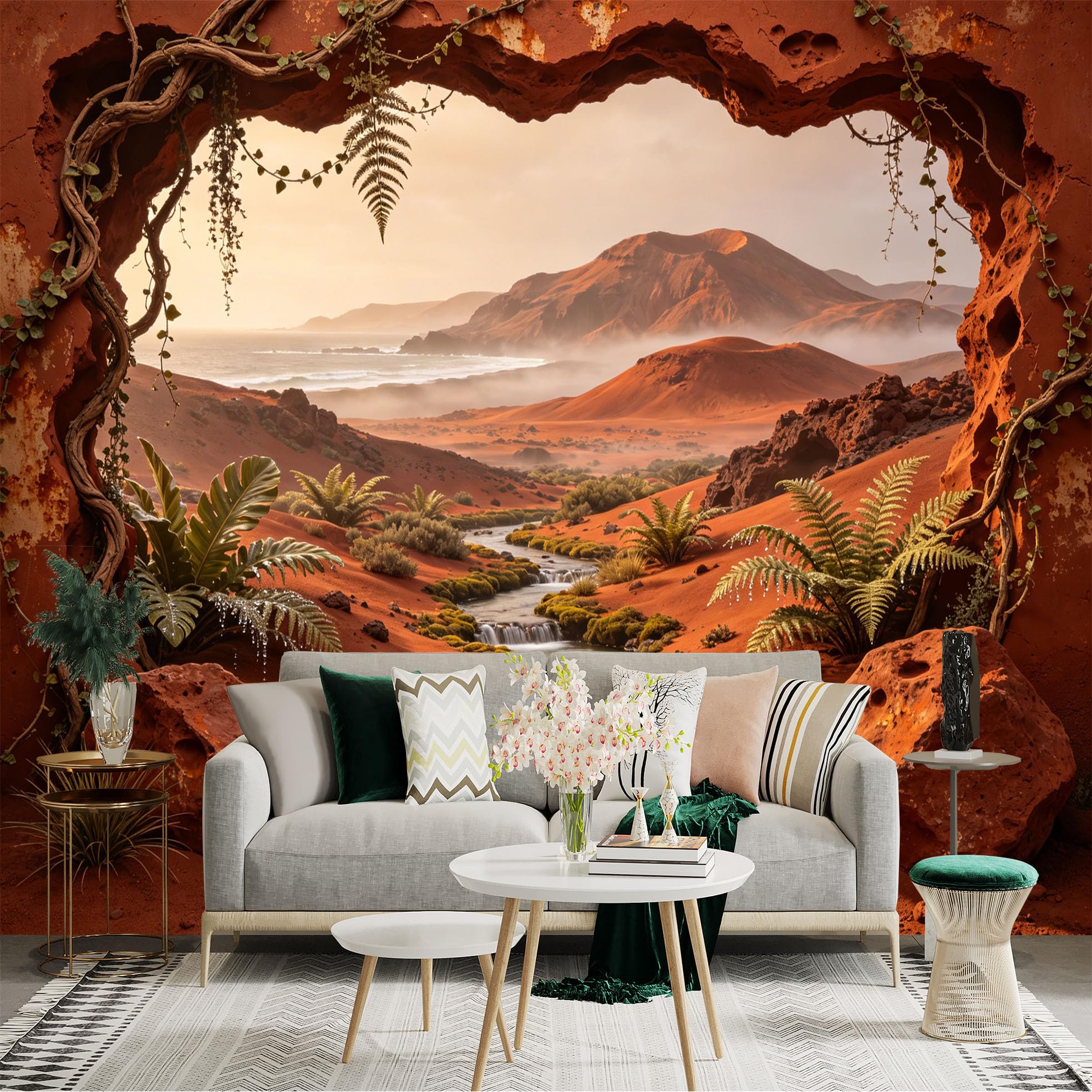 Custom Size Wall Sticker Mural， Desert Landscape with River， Red Rocks and Ferns， for wall Decoration， peelandstick wall Decals.