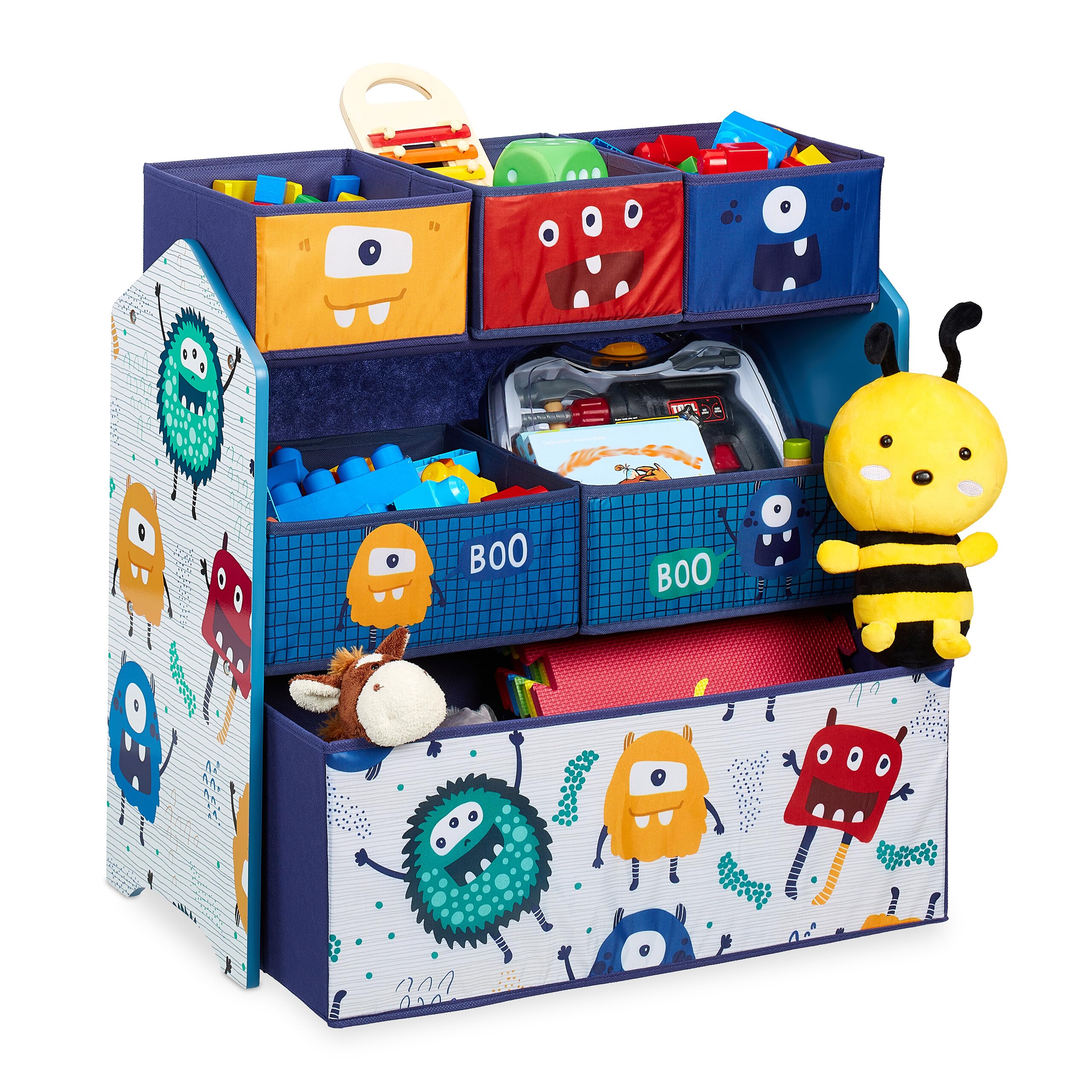 Relaxdays Children's Shelf with 6 Fabric Boxes, Monster Design, HxWxD: 66 x 63.5 x 30 cm, Toy Storage Unit, Colourful, Fibreboard